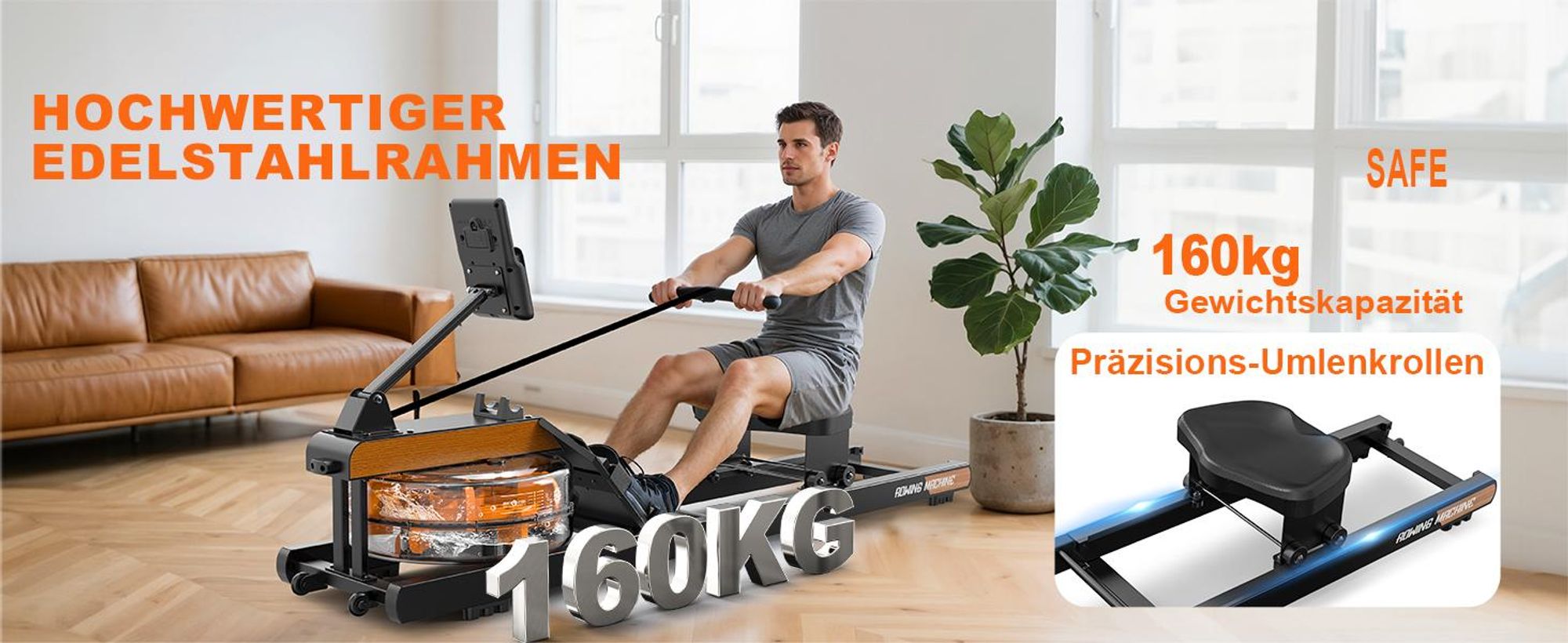 VOWVIT Heim-Rudermaschine klappbar, Bluetooth, verstellbare Tablet-Halterung, 98% vormontiert, Schwarz