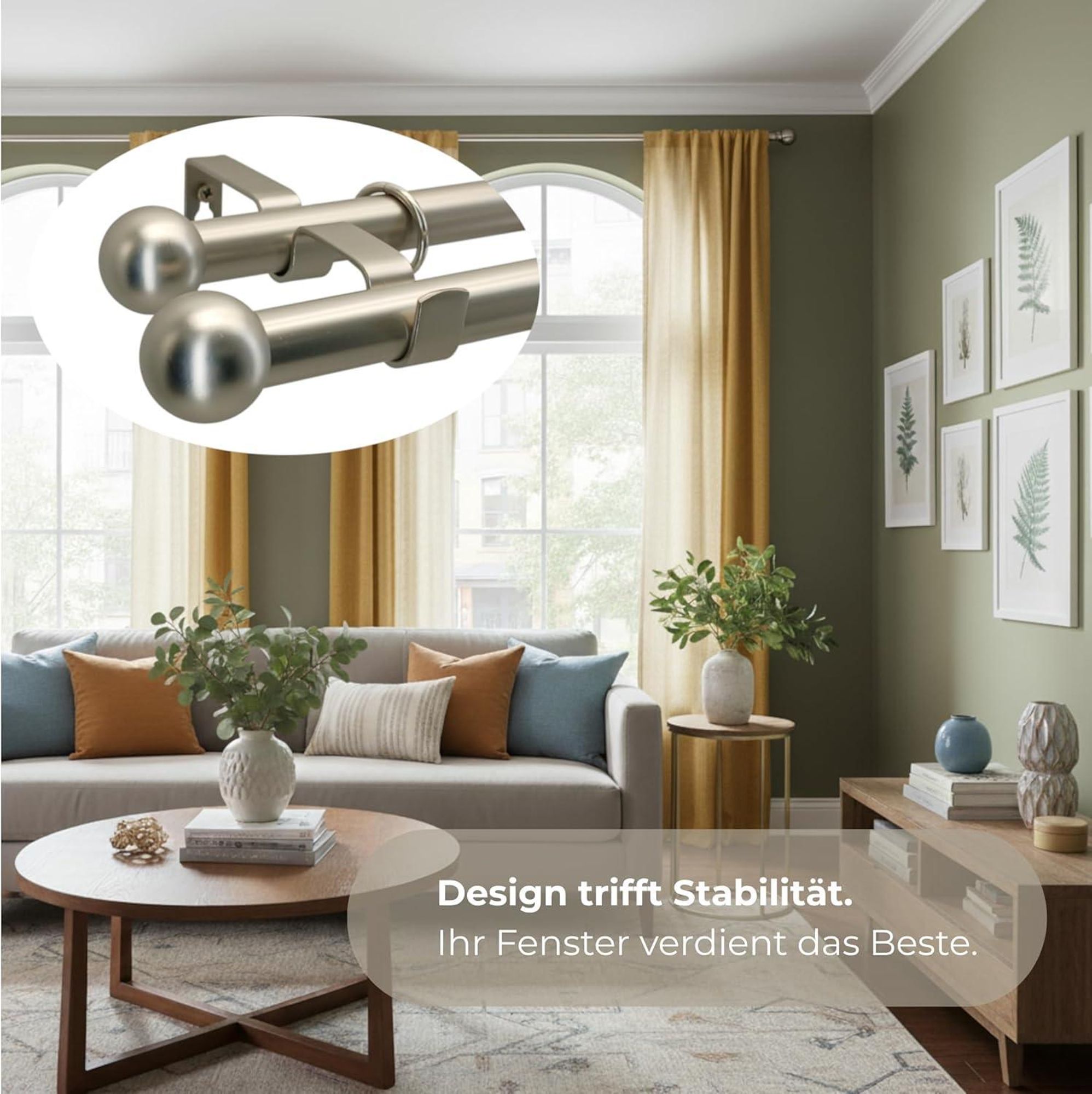 LOFT 280 cm Doppelte Gardinenstange 19 mm aus Metall mit Endstück CAPRI Komplettset mit Ringen und Clips Inklusive Montagezubehörset Farbe Satin