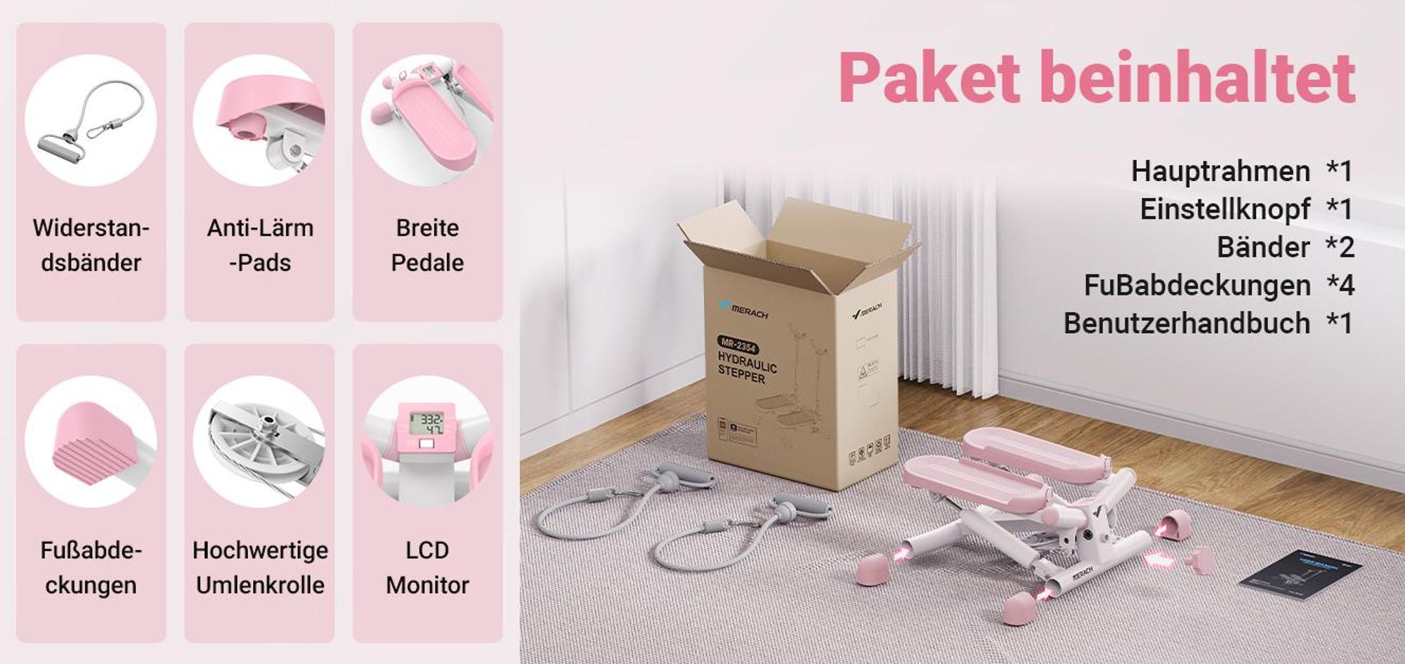Mini Stepper 2-in-1 mit LCD-Display & Widerstandsseilen – Dreh- & Seitenschritttrainer bis 150 kg, Hometrainer für Beine, Po & Arme, Anfänger, rosa