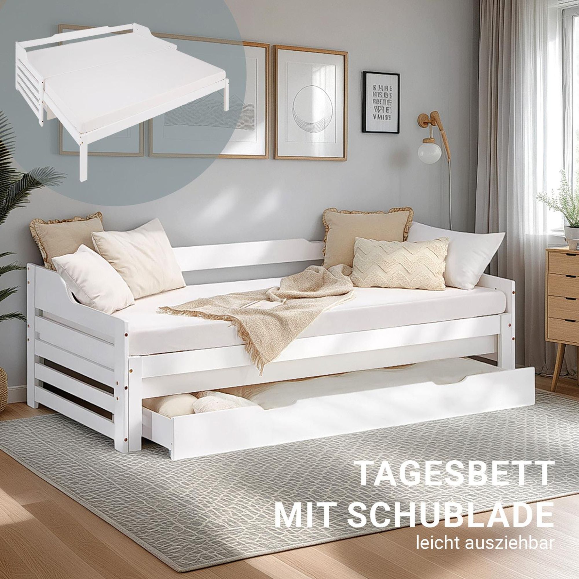 weißes Holzbett, als Ausziehbett inklusive Bettkasten.