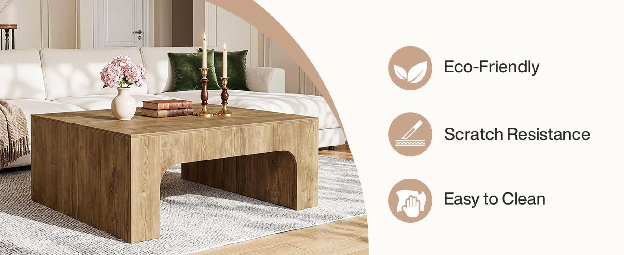 100 cm Quadratischer Couchtisch aus Holz, für das Wohnzimmer, Landhaus-Beistelltisch mit geschwungener Unterseite, einfache Montage