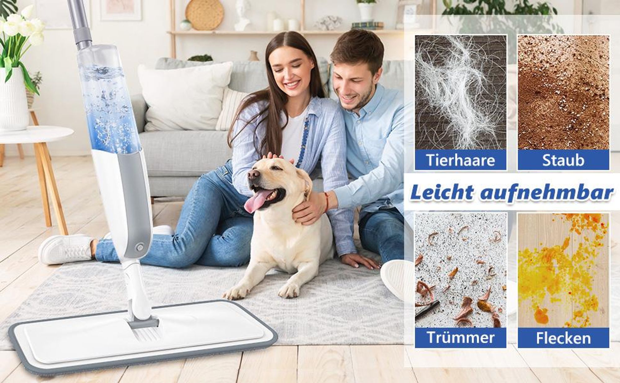 Sprühwischer Bodenwischer mit Sprühfunktion, Spray Mop inkl. 4 Mikrofaserpads, Wischmop für Laminat Fliesen Parkett, 300ml Wassertank, 360° Gelenk
