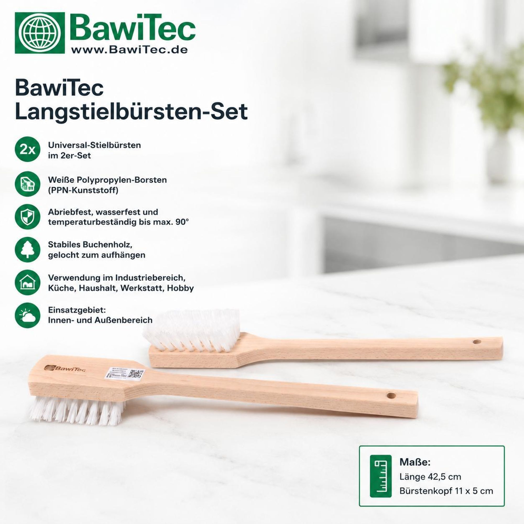 2x Stielbürste Reinigungsbürsten Set Spülbürste-Langstiel 43cm Lang Scheuerbürste weiße PPN-Borsten Holz-Handbürsten Schrubberbürste