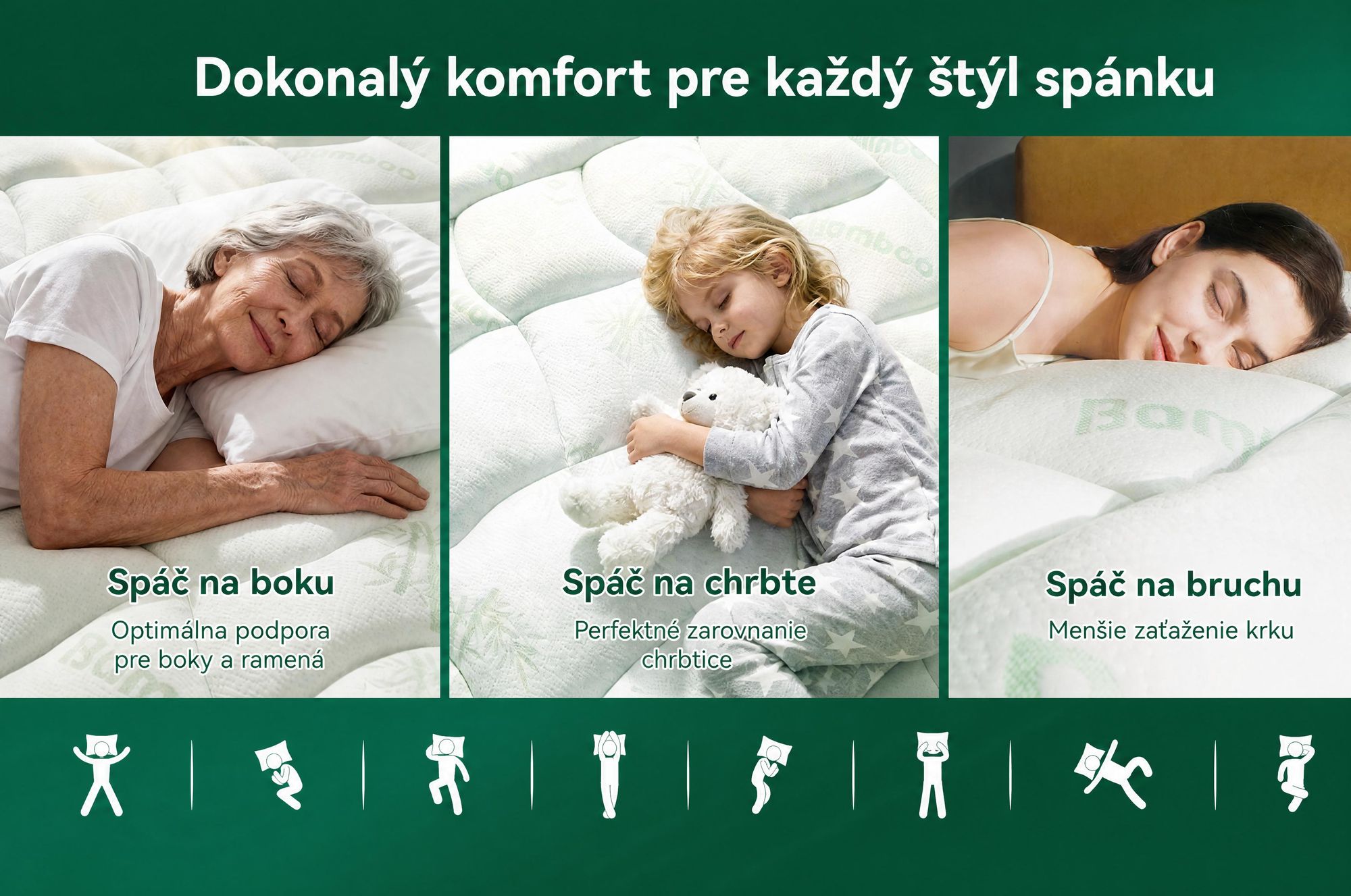 NicePlus, vrchná matrace 2 v 1, 90x200x7 cm, 5-zónová pamäťová pena + vrchná vrstva z bambusu, s rohovými gumičkami vhodná pre všetky matrace, tvrdosť H2/H3, zelená