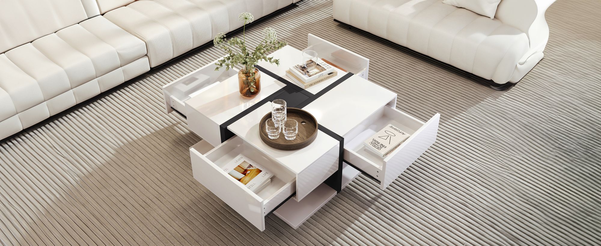okwish 78*78*36cm Hochglanz-Couchtisch Beistelltisch mit 4 Schubladen，Stauraum unten， einzigartige Farbabstimmung und Liniendesign（ Weiß）