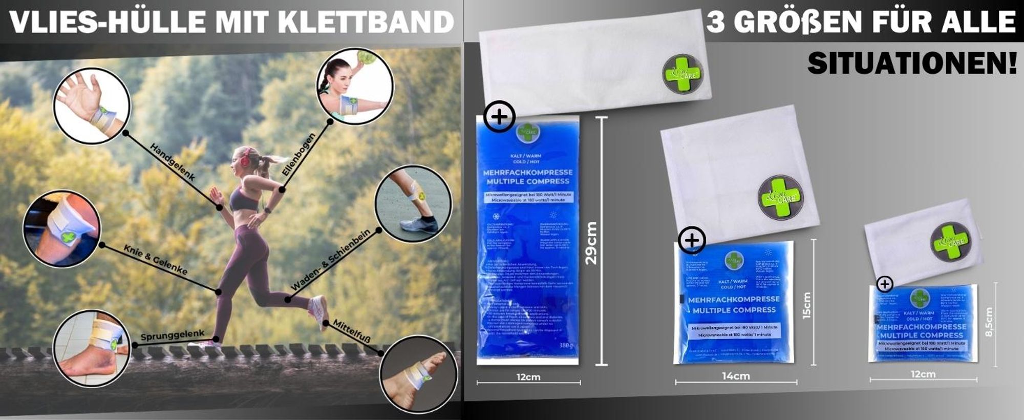 LisaCare Kühlmanschette - 5x Premium Vlieshülle für kalt warm Kompresse - Kühltaschen inkl. Klett-Band zur Fixierung - Mehrweg Vlieshülle