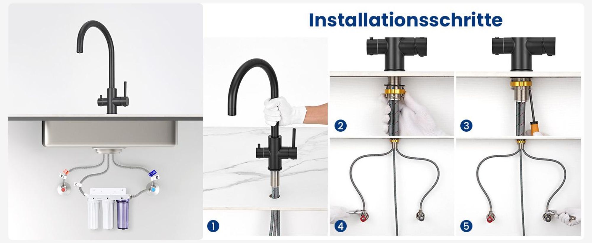 3 in 1 Filterwasserhahn Küche mit Filteranschluss, 360° Drehbar 3 Wege Küchenarmatur Schwarz, Edelstahl Spültischarmatur, Cecipa MAX Trinkwasserhahn