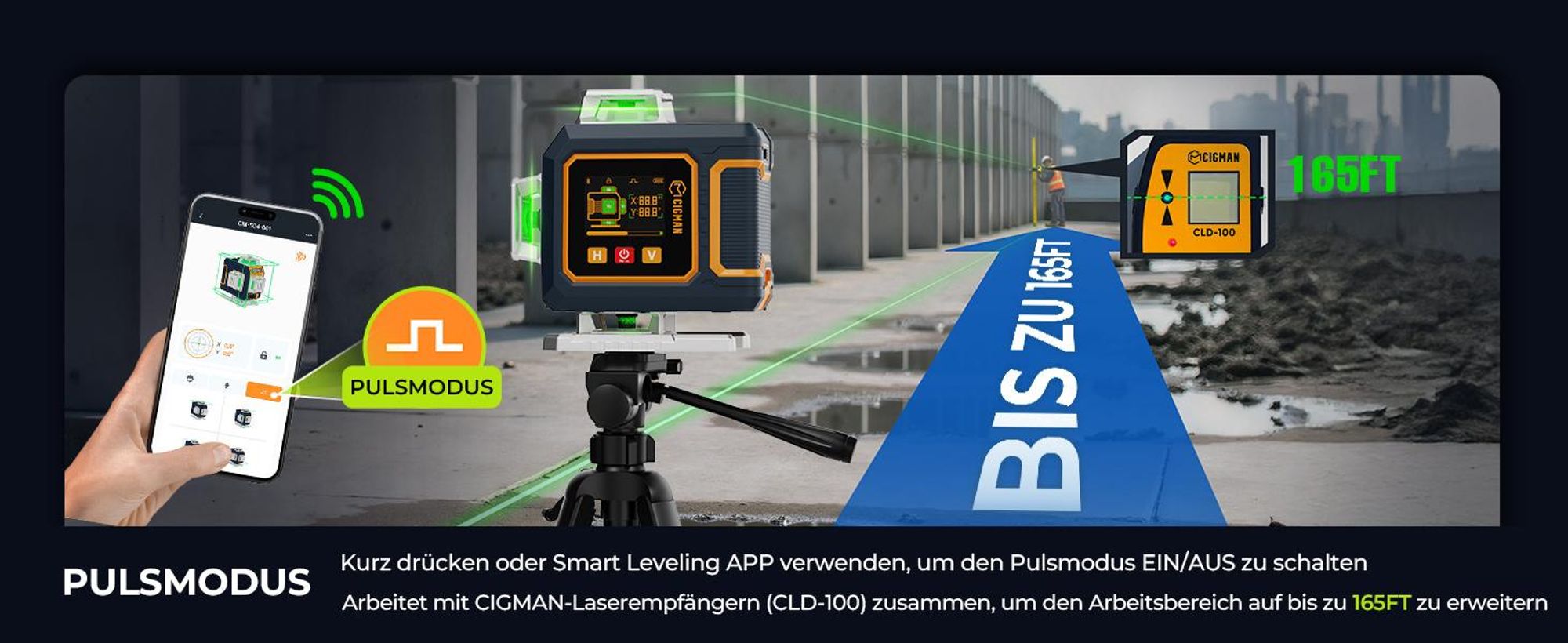 CIGMAN CM-S04 Kreuzlinienlaser 4x360° Grün mit App & LCD-Display
