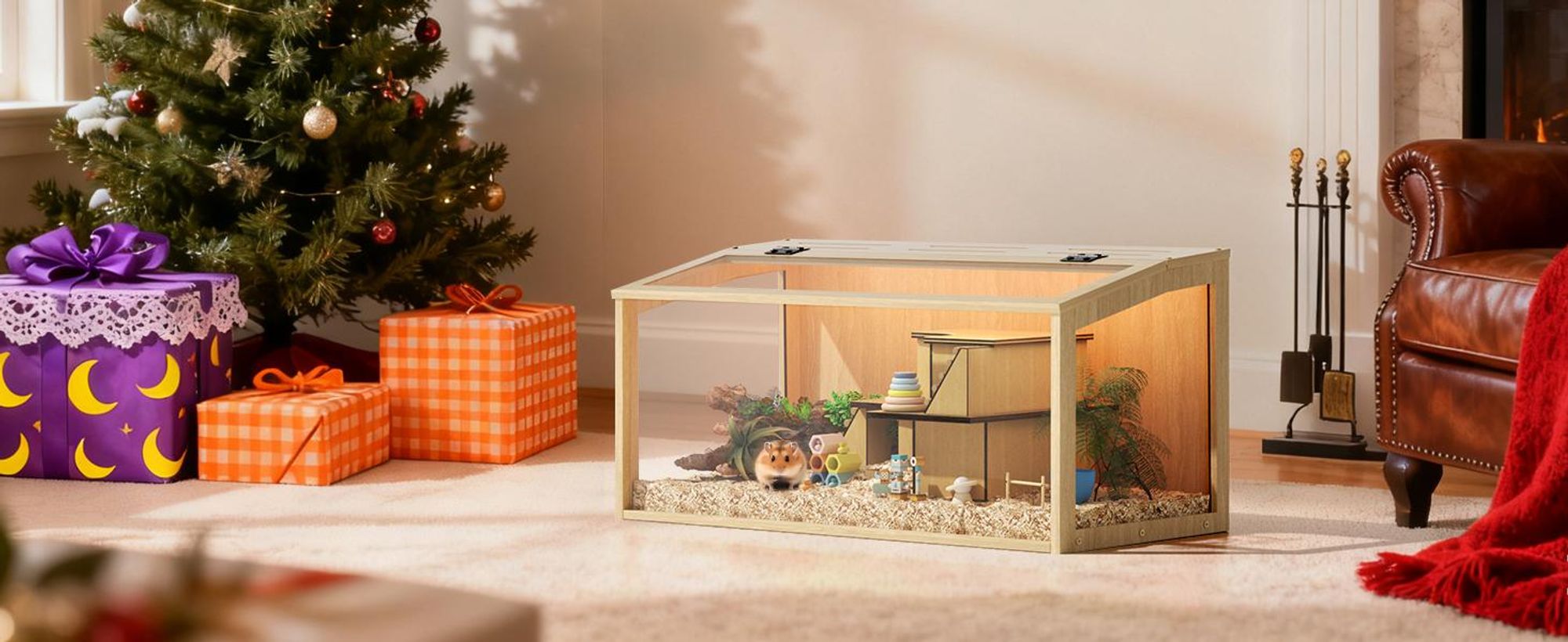 WISFOR Hamsterkäfig mit LED Leuchte, Kleintierhaus aus Holz, Mäusekäfig mit klappbarem Deckel, Sichtfenster, 60 x 40 x 40 cm