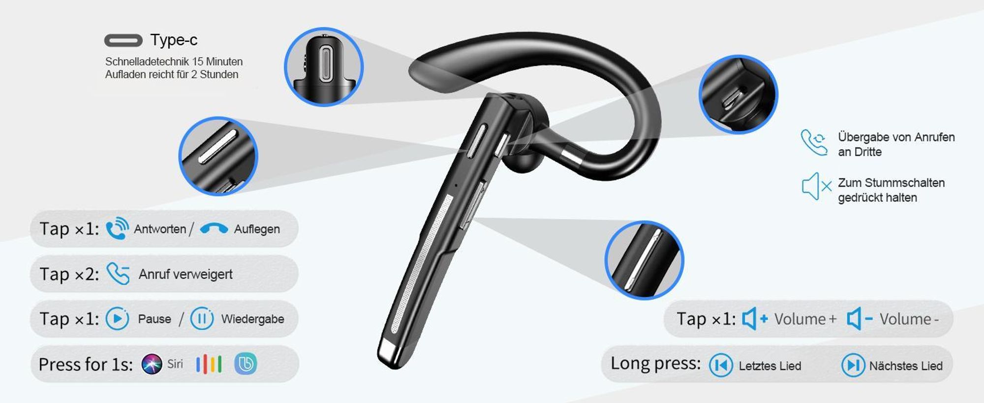 Headset Bluetooth 6.1 Kabellos Kopfhörer mit CVC8.0 Mikrofon 100 Std Spielzeit Freisprech Handy Headset 1,5 std Schnellladung LED Ladebox Zwei-Geräte