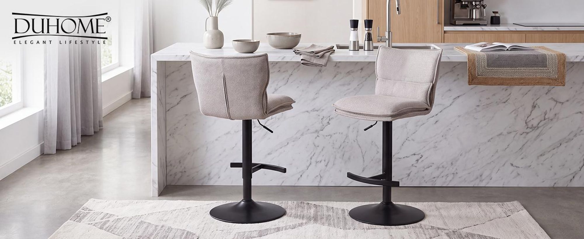 Duhome barkruk, set van 2, in hoogte verstelbaar, draaibaar, bekleed met bouclé, met voetsteun. Geschikt als keukenkruk voor bistro, bar of keuken, kleur: beige