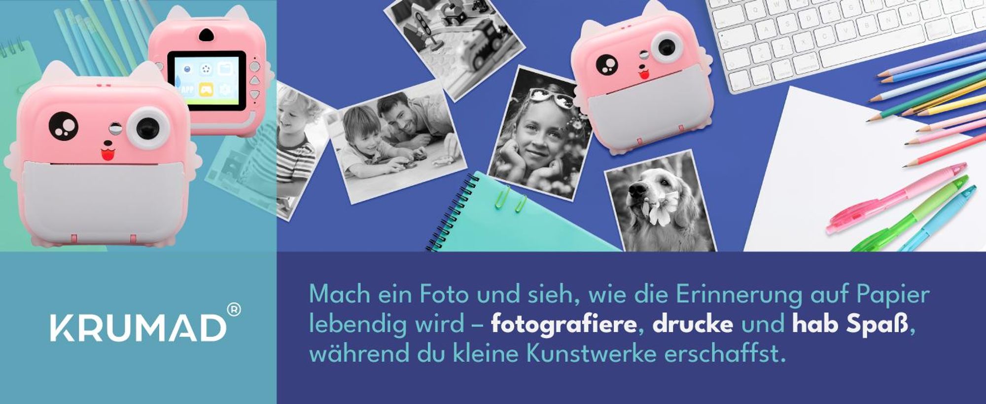KRUMAD Mini Sofortbildkamera mit Drucker - 2in1 Kinderkamera & Fotodrucker, Bluetooth, Spiele, Video/Musik, Smartphone-Druck