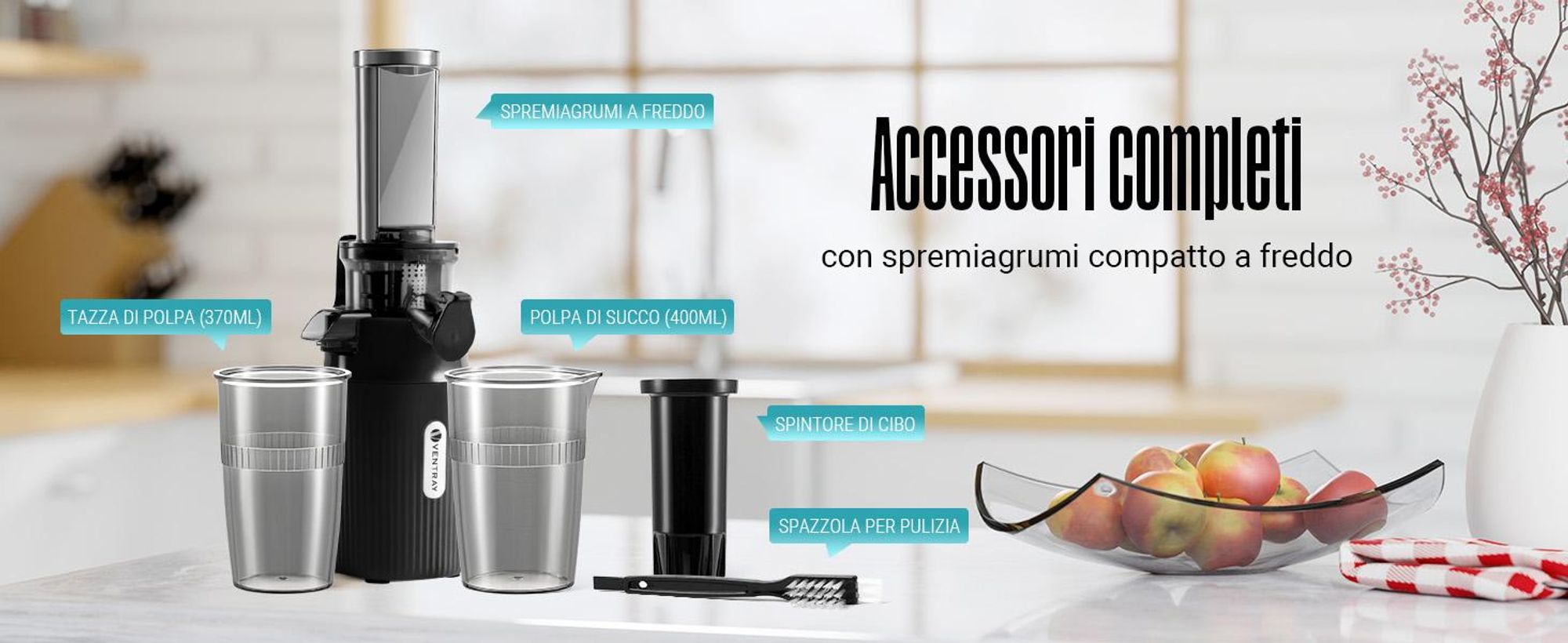 Ventray Essential Ginnie - Spremiagrumi a freddo, spremiagrumi lento compatto e silenzioso (60 giri al minuto, apertura di alimentazione di 45 mm), senza BPA, 400 ml, facile da pulire