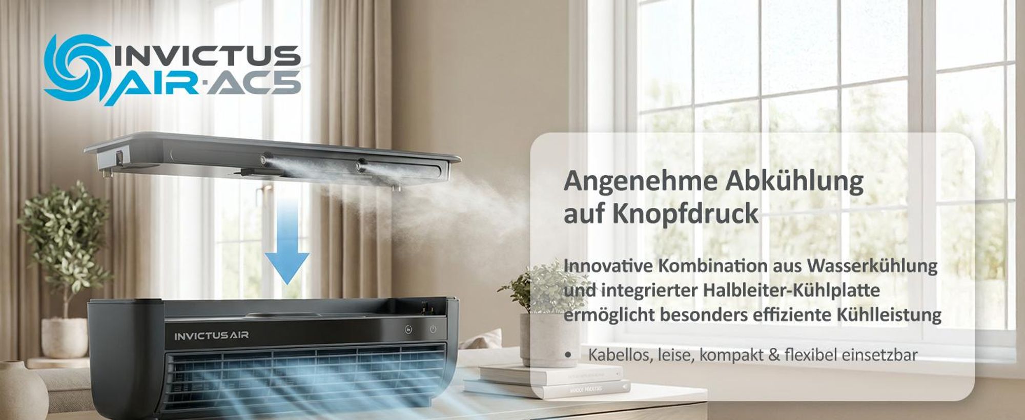 Genius INVICTUS AIR AC5 Luftkühler kabellos, mit Wasserkühlung & Halbleiter-Kühlplatte, Fernbedienung, 3 Stufen, 260 ml Wassertank, bis zu 8 Std.