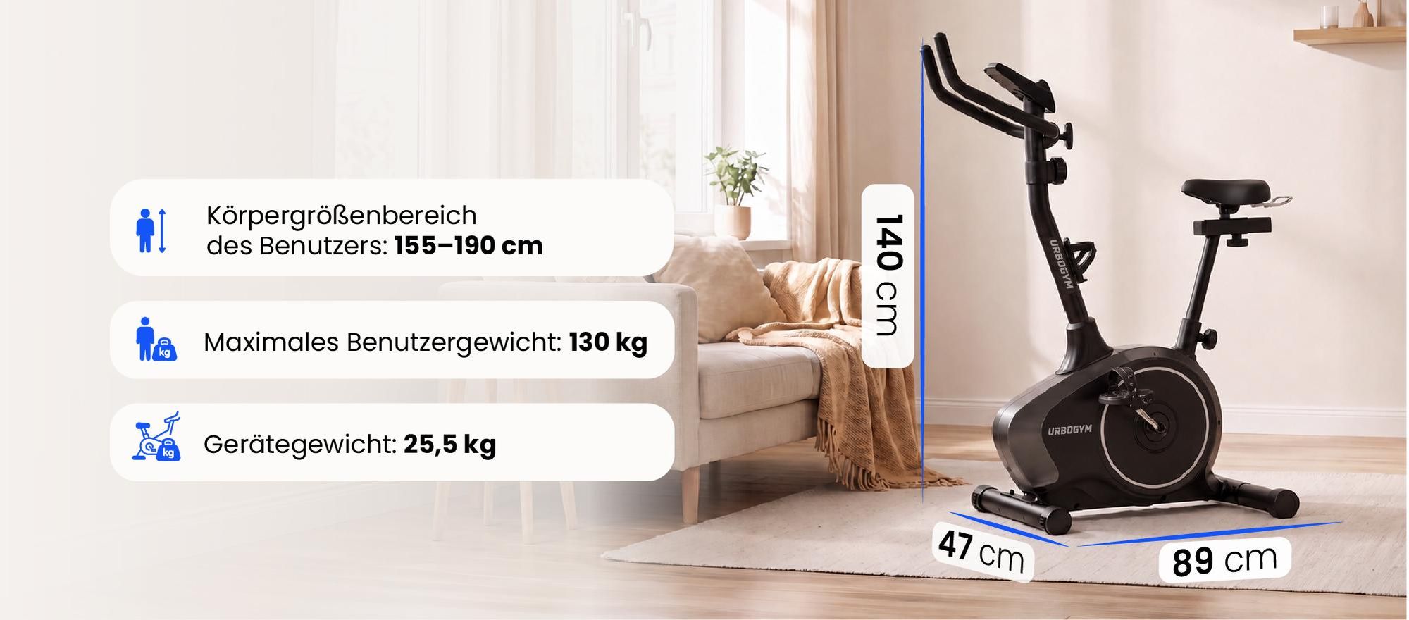 URBOGYM ARGO SILVER Heimtrainer – Magnetisches Fitnessbike mit 6-kg-Schwungrad, 8 Widerstandsstufen, bis 130 kg