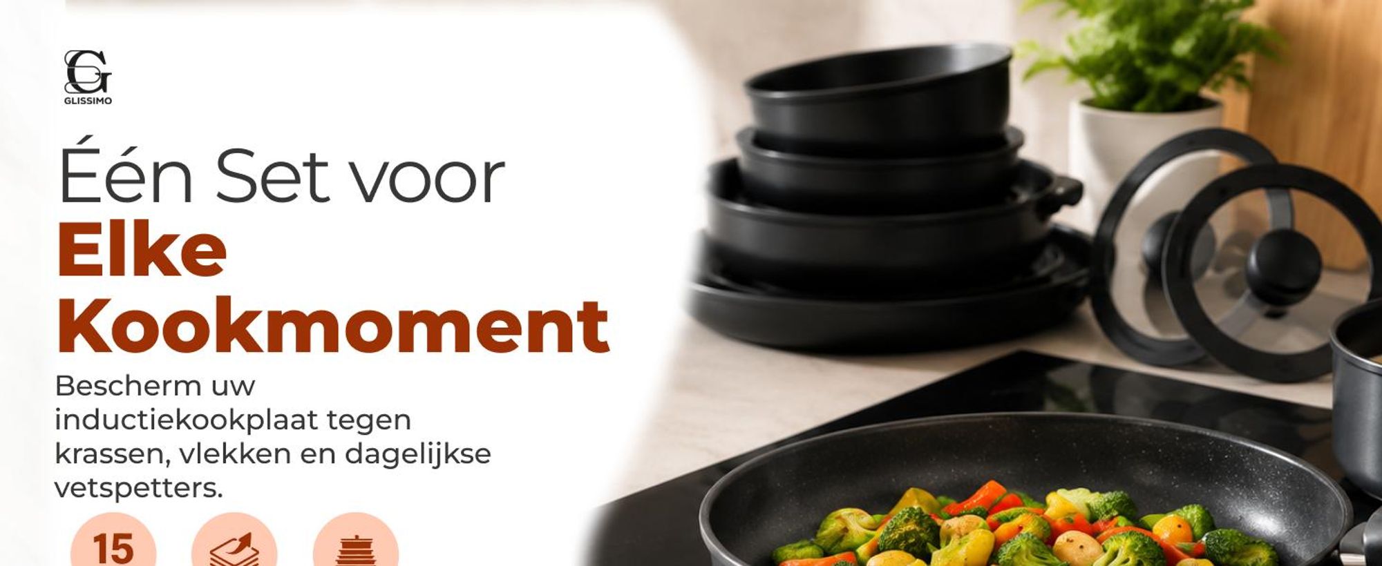 Glissimo Cookware - 15-delige Keramische Pannenset - Afneembare Handgreep - Non-stick - vrij