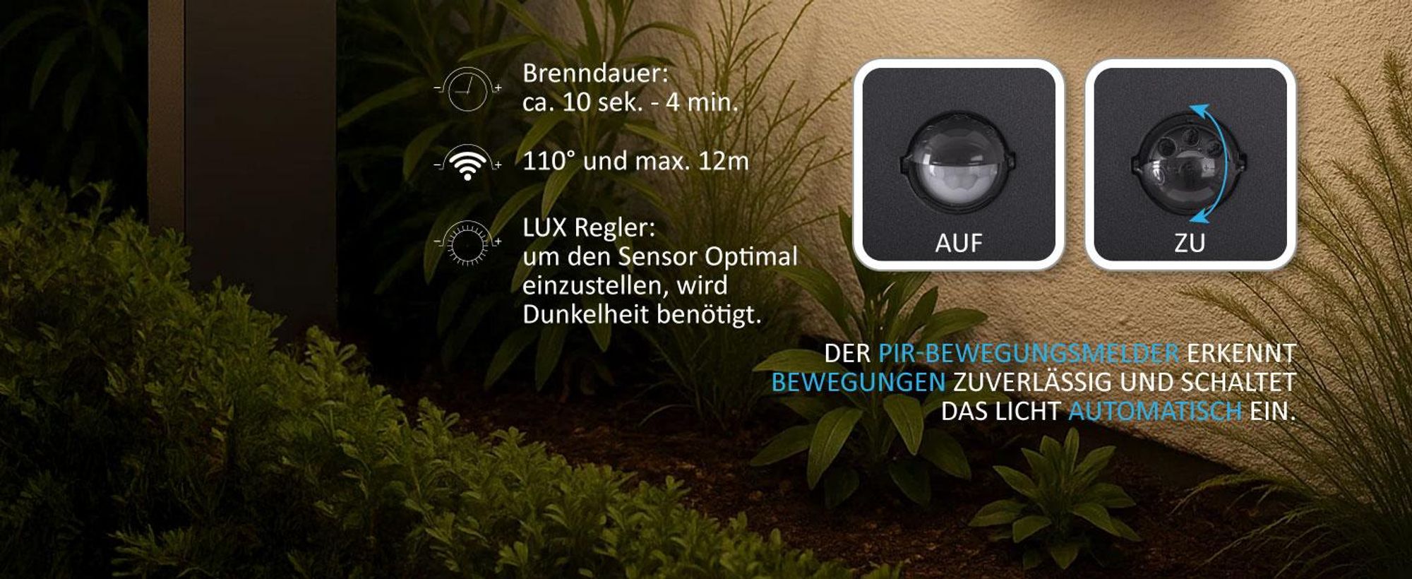 LED Außenwandleuchte mit Bewegungsmelder: Schwarz, Aluminium, 1504A1-BK