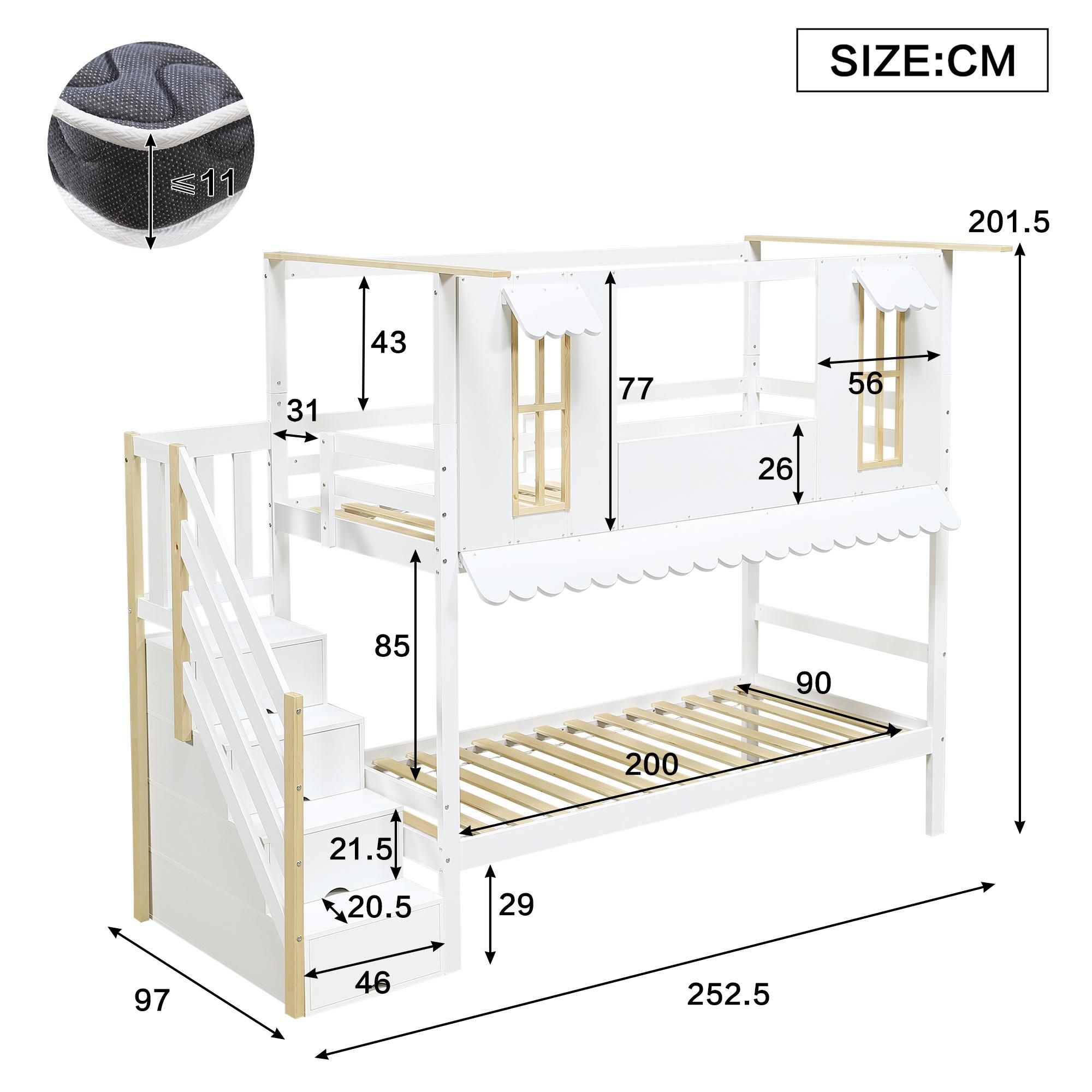 Flieks Etagenbett 90x200cm mit Rausfallschutz, Kinderbett Hausbett mit Fenster, Hochbett mit Lattenrost und Stauraumtreppe, Stockbett Weiß