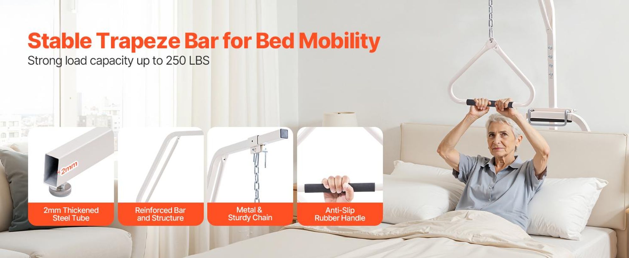 VEVOR Trapezstange für Bettmobilität, medizinische Betttrapeze mit Klemmen & Metallkette, 250LBS Tragfähigkeit Zughilfe für Senioren & Behinderte, ideal für die häusliche Pflege, Krankenhäuser, Pflegeheime, Parallel, Trapez