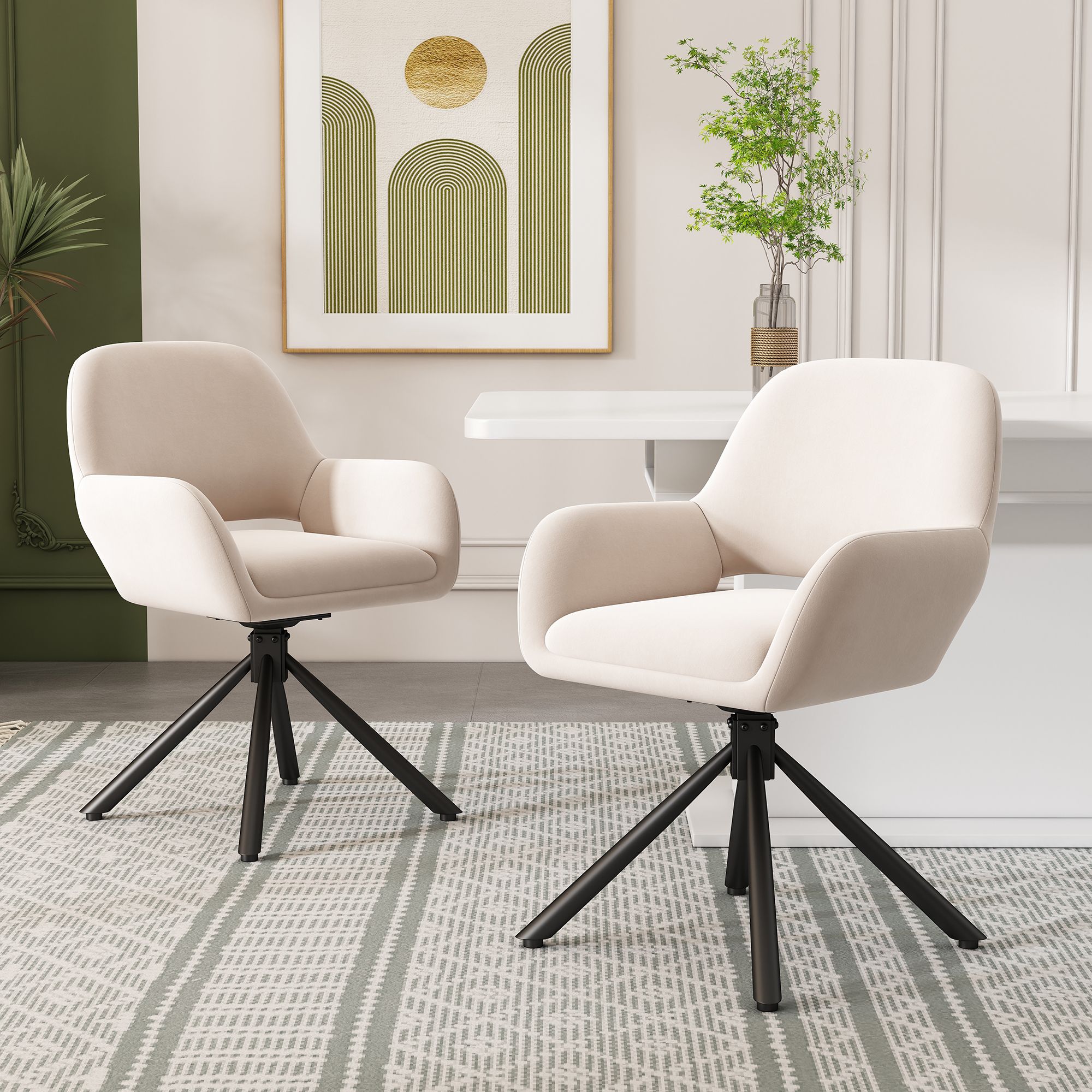 Flieks 360° Drehbarer Esszimmerstühle 2er Set mit Samtbezug, Drehstuhl Küchenstühle Polsterstühle mit Metallbeinen, Armlehnstühle Beige