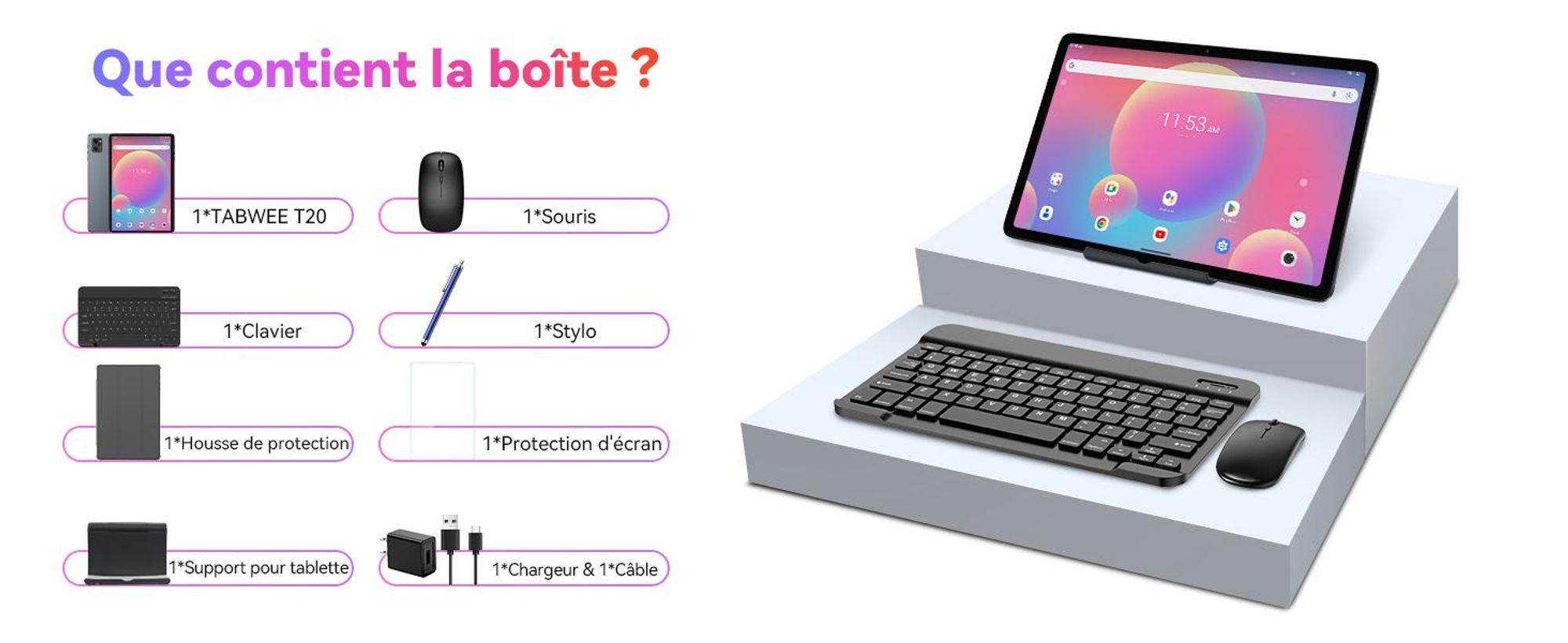 TABWEE T20 Android 16, écran 10,1 pouces, 24+256 Go avec accessoires, tablette PC, Face ID, Widevine L1, Wi-Fi 5G, Gemini AI, 8+5 MP, GPS