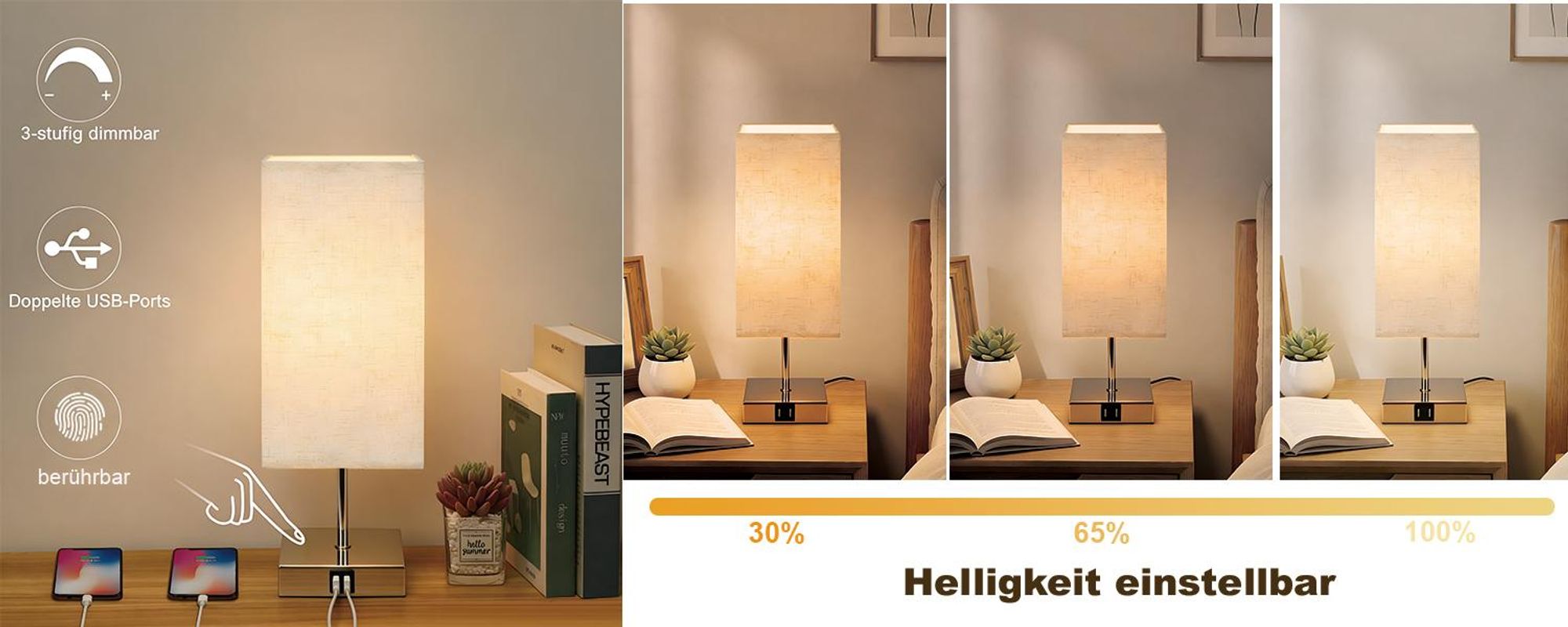 ZMH 2er Set Nachttischlampe Tischlampe touch dimmbar USB Vintage Tischleuchte mit Ladefunktion E27 Aufladbar Warmweiß Nachtlicht mit Stoffschirm Schreibtischlampe für Wohnzimmer Schlafzimmer