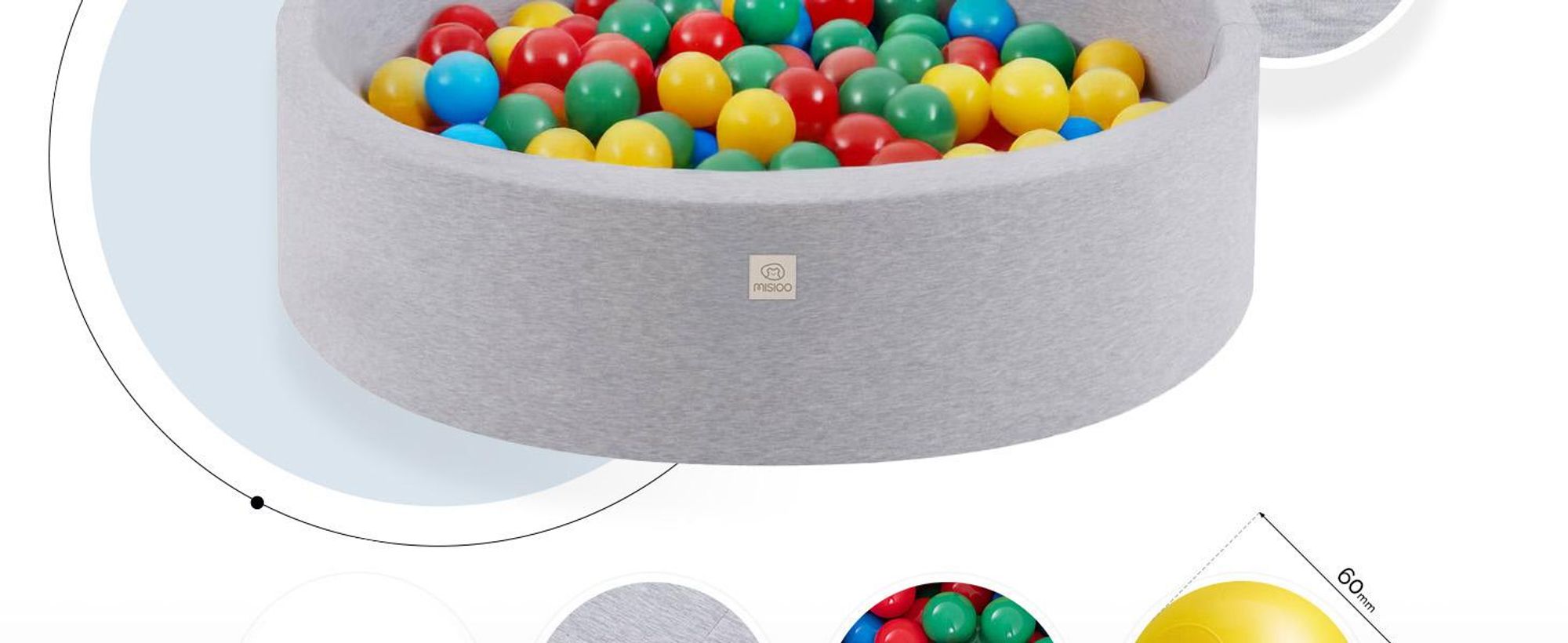 MISIOO Smart Piscine à balles - Enfants pour chambre de bébé - 200 balles - Jouets - Lavable en machine - Oeko-Tex - 90 x 30 cm - Gris clair - Rouge/Vert/Bleu/Jaune