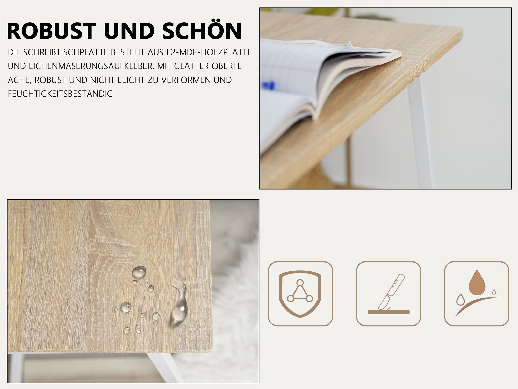 Meubles Cosy Industrieller Klappschreibtisch / Computertisch aus Eiche und weißem Metall - ASCOLI