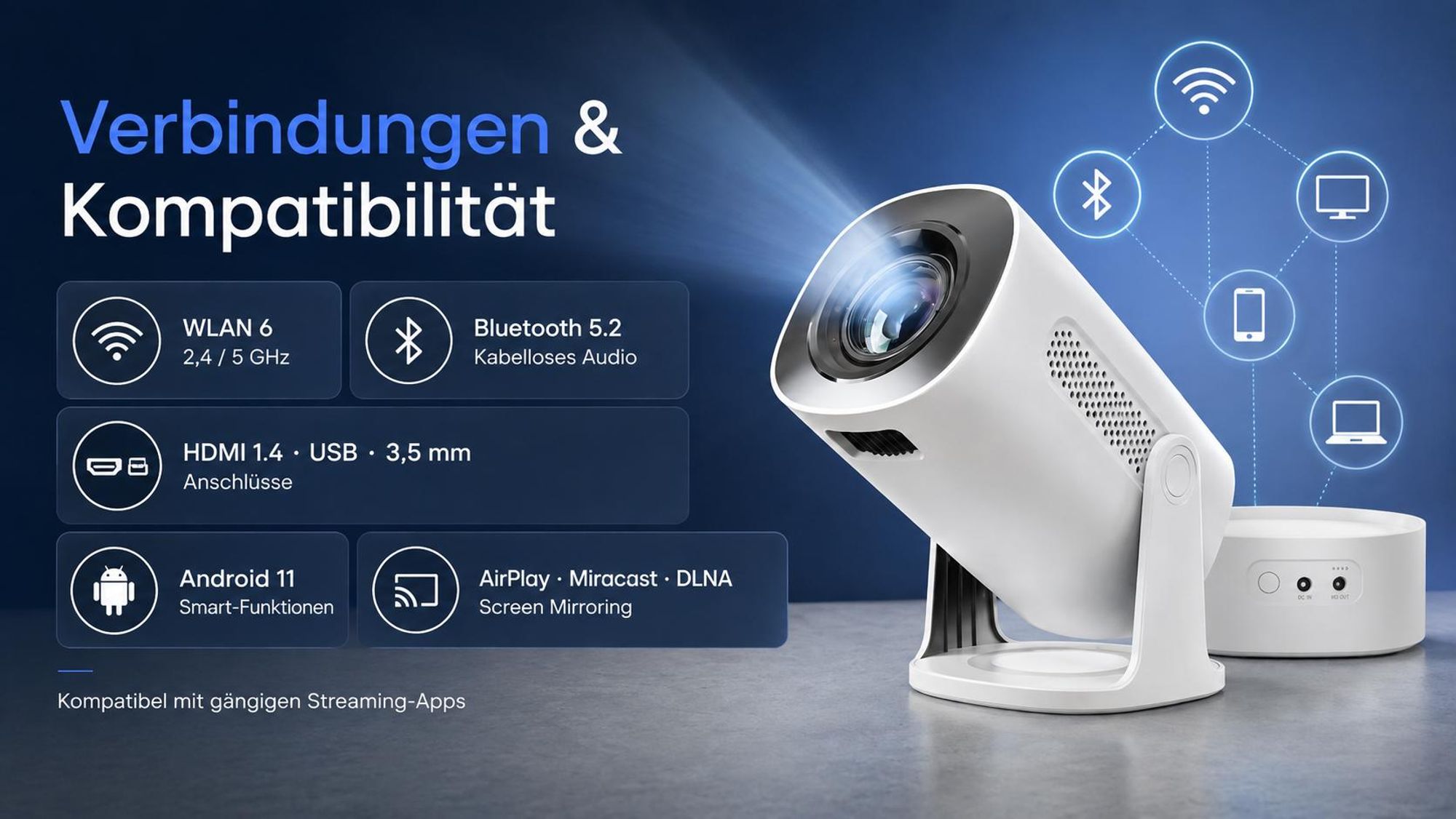 Kiano Vision Mini Beamer tragbar, 1280x720 HD, Android 11 Smart TV, Akku