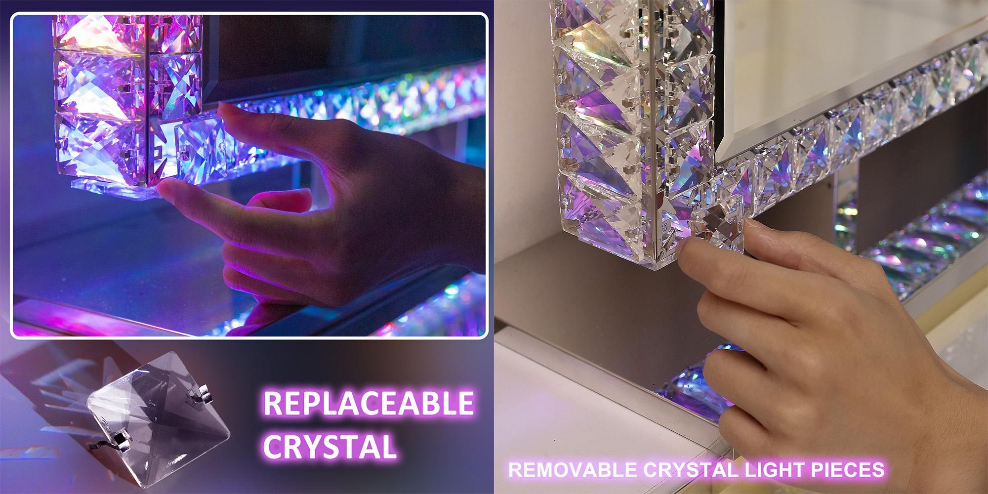 VANITII Hollywood Schminkspiegel 80cm x 60cm mit LED Beleuchtung RGB Lichtmodus Kristallen Kosmetikspiegel für Schminktisch Weiß