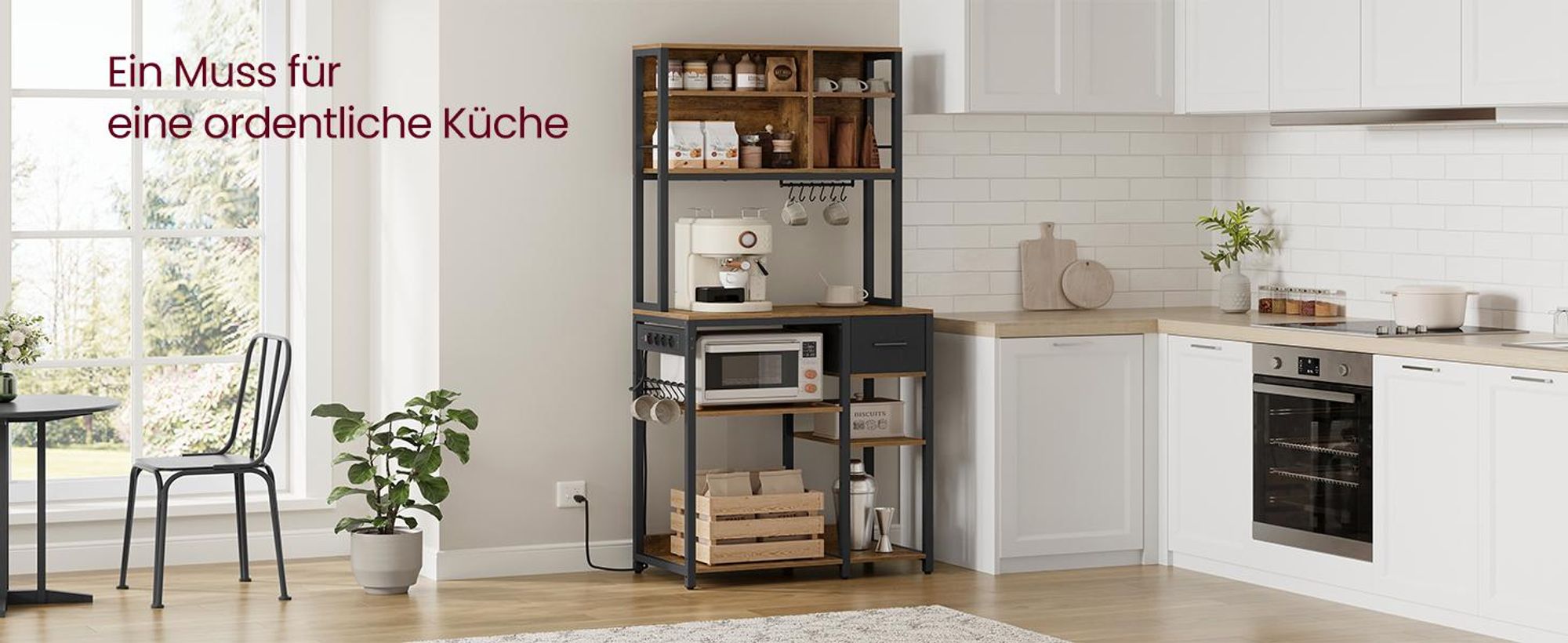 VASAGLE Küchenregal mit Steckdosen, Standregal, Mikrowellen-Regal, verstellbare Ablagen, Stoffschublade, 12 Haken, 40 x 80 x 180,4 cm