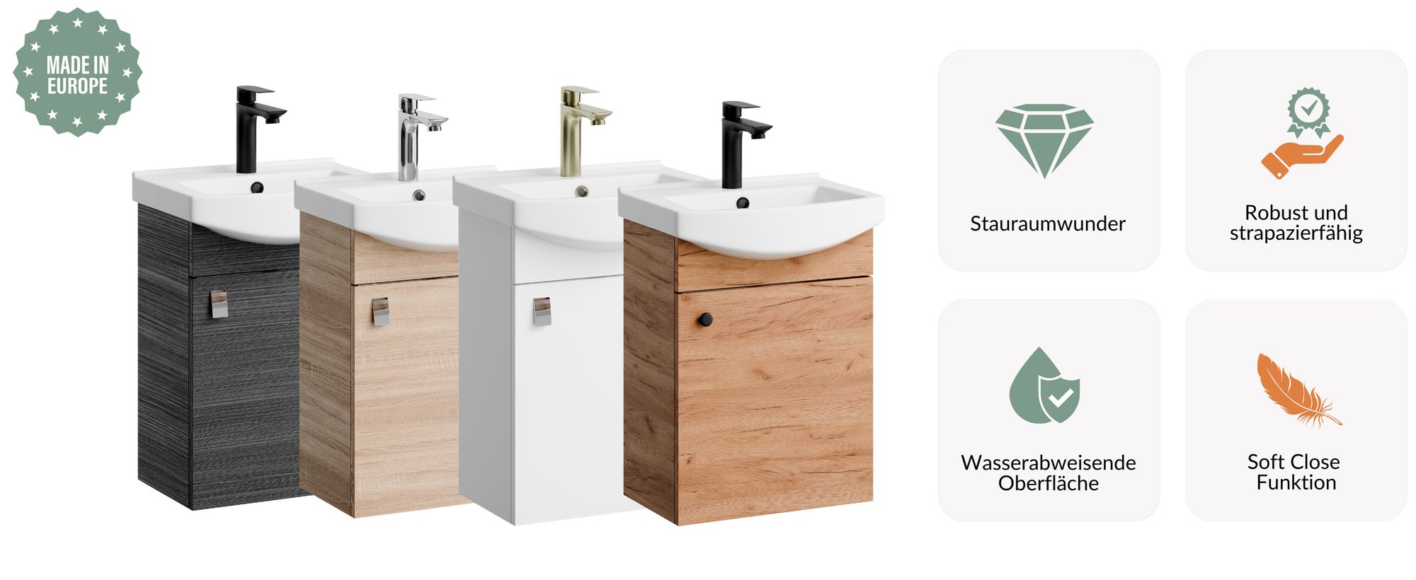 Planetmöbel Waschbecken mit Waschbeckenunterschrank, Waschtisch-Unterschrank 45cm Gäste Bad Gold Eiche