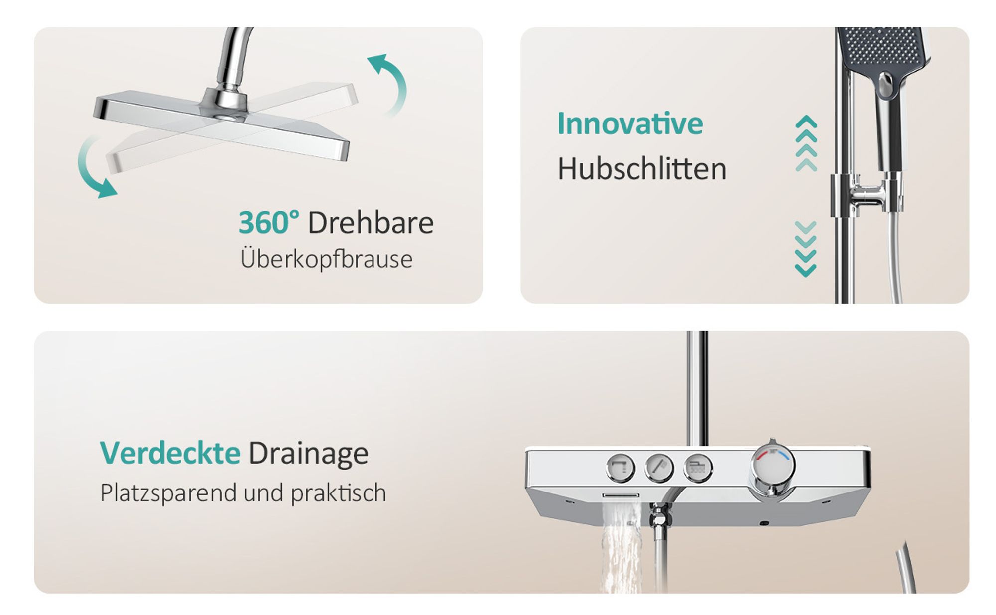 EMKE Duschsystem mit Thermostat Glasablage Handbrause 3 Strahlarten Regendusche, Bad- & Duscharmaturen, Wandmontage, KTW-, Chrom - F09