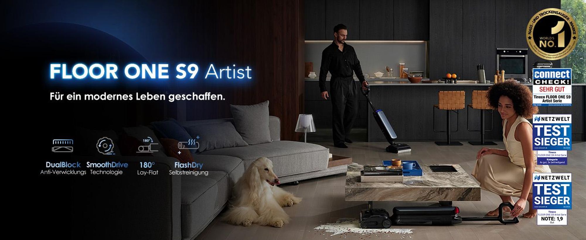 Tineco Floor One S9 Artist Nass Trockensauger, 22kPa 360° SmoothDrive, Anti-Tangle, Selbstreinigung, 50 Min. Laufzeit Beidseitige Reinigen, Stilvoller