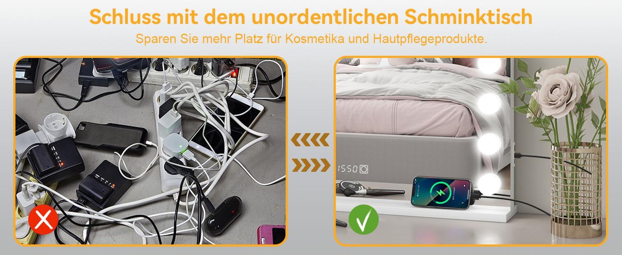 Puluomis Kosmetikspiegel 80x60 cm, Hollywood Spiegel mit Uhr, Temp., USB, Type C, Schminkspiegel dimmbar mit 3 Farben LED Beleuchtung, Wandspiegel