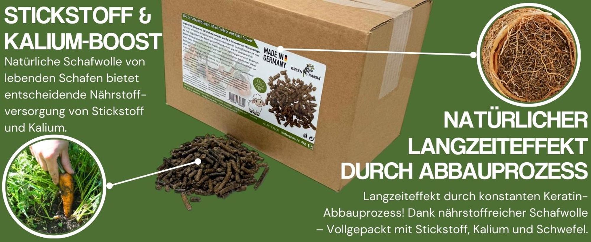 GreenPanda Schafwollpellets Dünger - 4kg Organischer Langzeitdünger - Schafwolle Dünger für Garten, Haus & Zimmerpflanzen mit KALI-BOOST