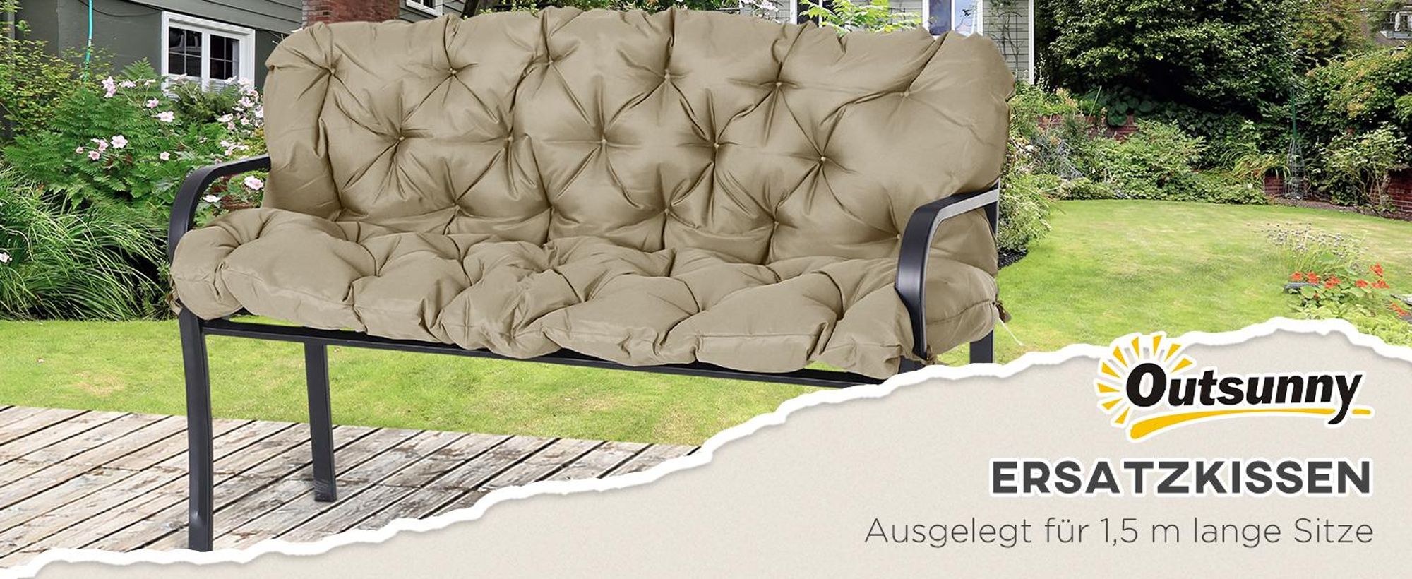 Outsunny 3 Sitzer Bankauflage 150x98x8 cm Bankkissen mit Bändern, Sitzkissen