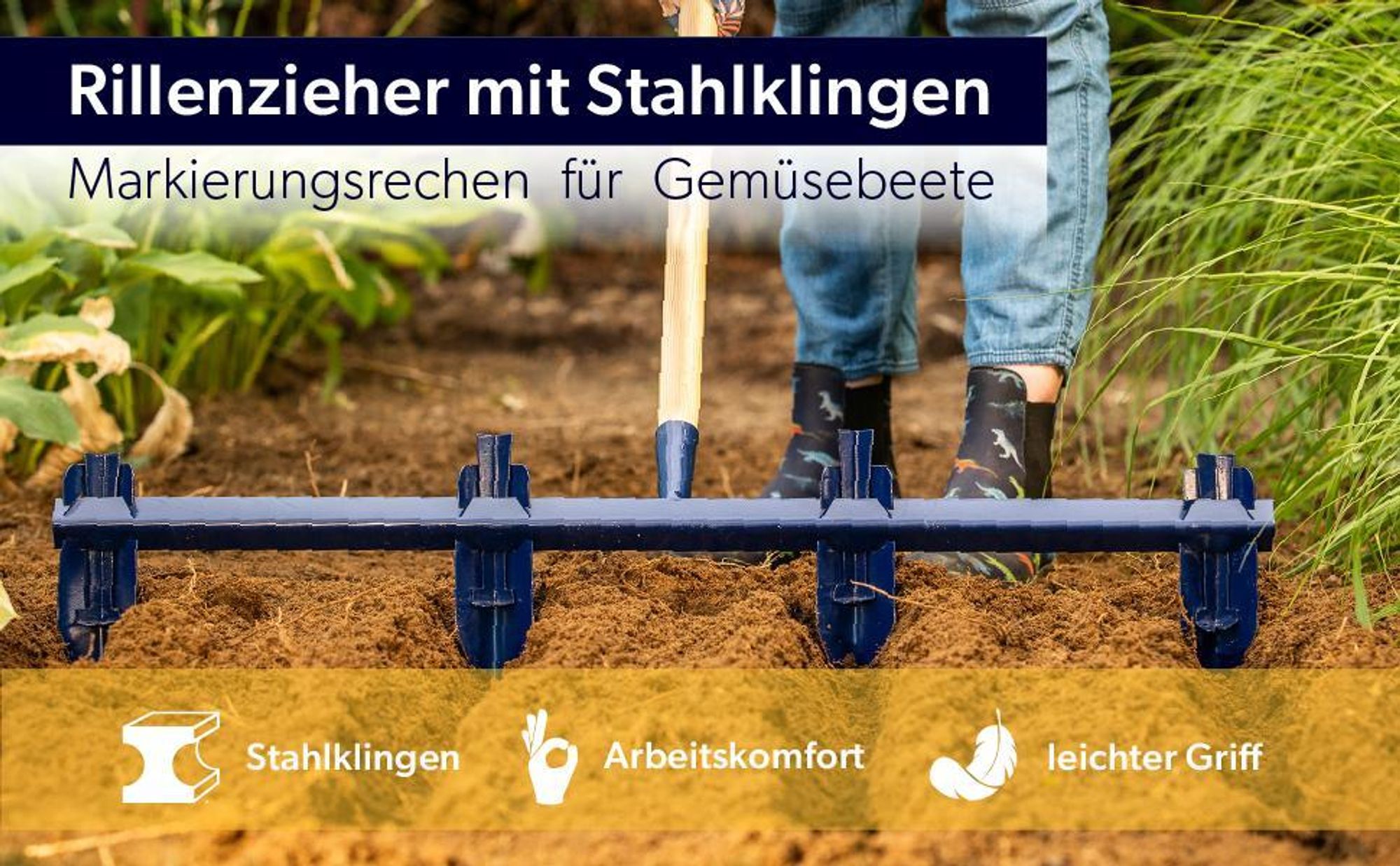 KADAX Rillenzieher mit Stahlklingen, Reihenzieher mit langem Stiel aus Holz, Furchenzieher