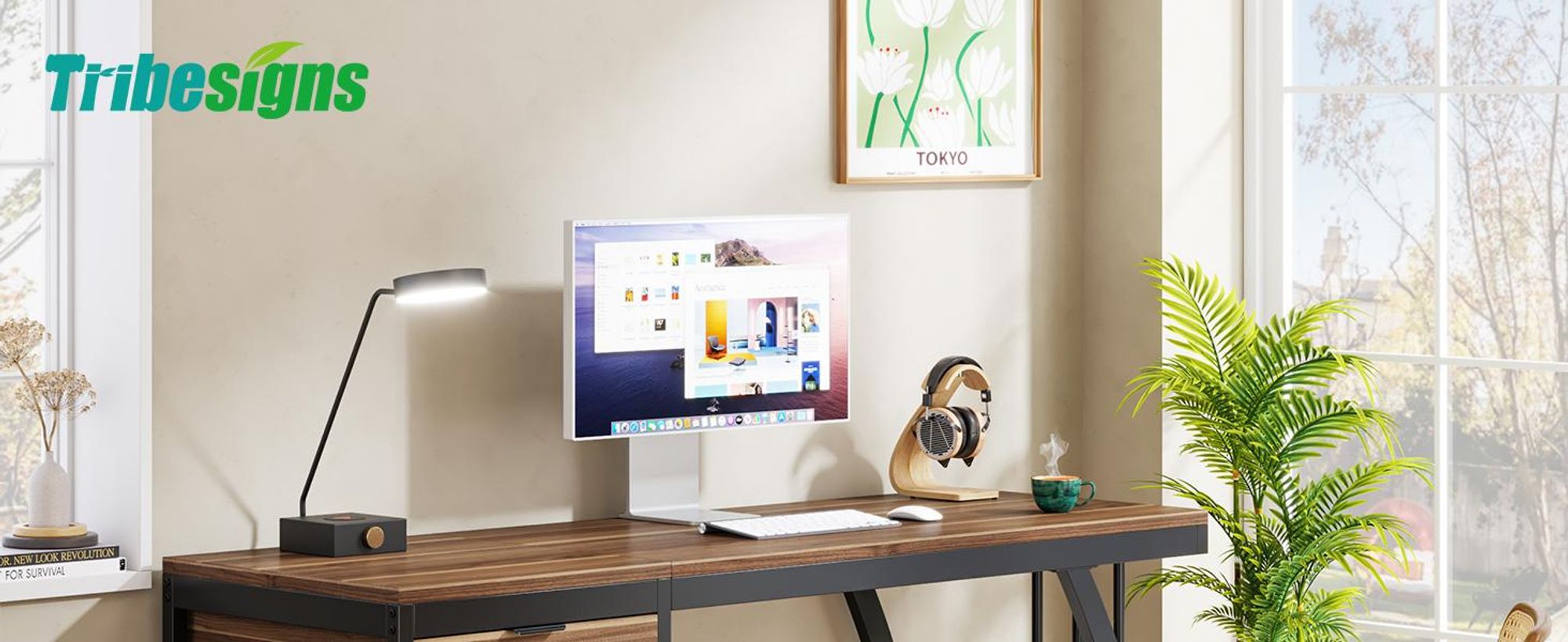 Tribesigns Schreibtisch 3 Schubladen, 150 cm,Industrial, mit Ablage für Akten, Homeoffice Schreibtisch mit großer Arbeitsfläche, Metallrahmen,Nussbaum