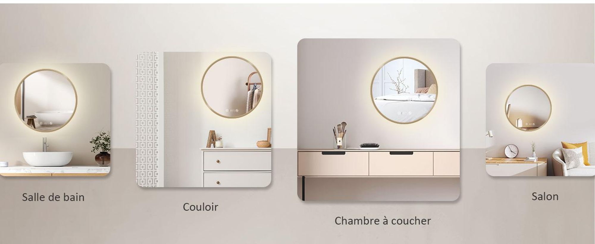 EMKE Miroir de salle de bain rond LED avec éclairage ф60cm Cadre doré brossé Miroir de salle de bain rond avec antibuée, horloge, température, variateur, fonction mémoire - Lumières neutres 4300K