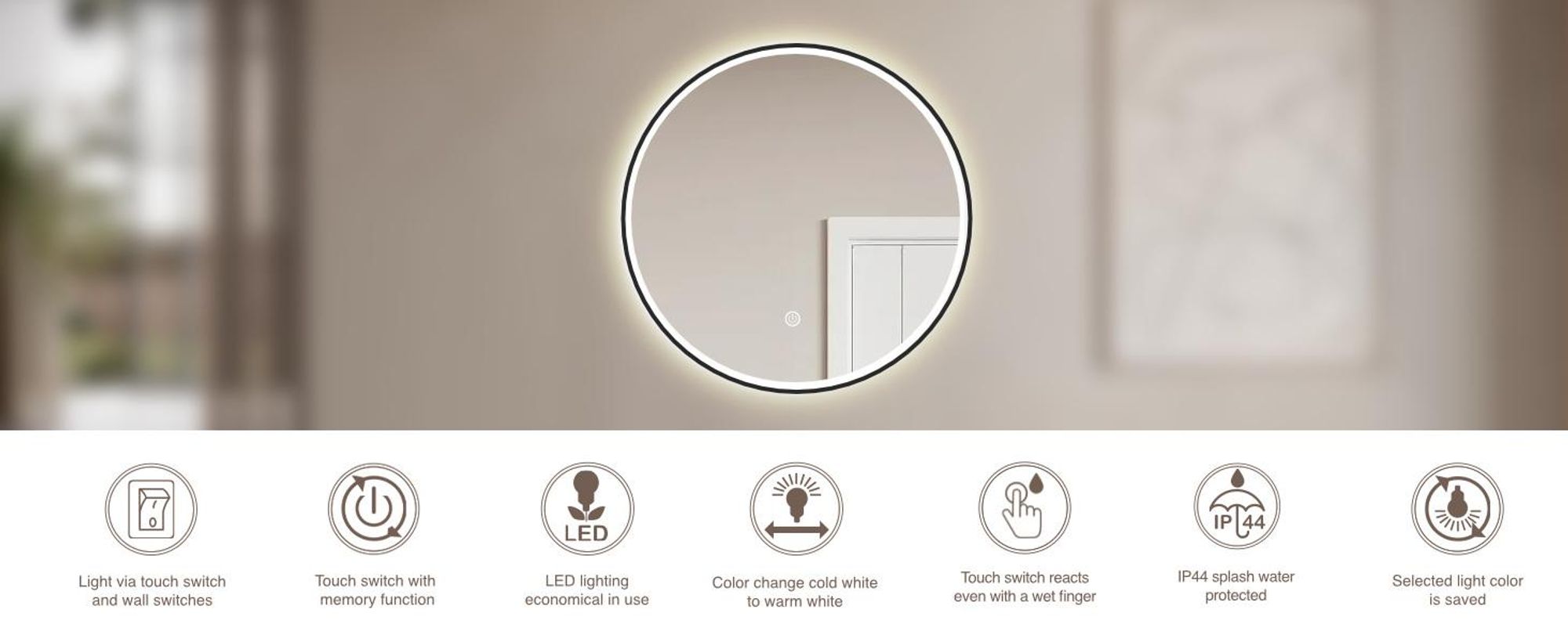Specchio da bagno LED HOKO, forma circolare, diametro 60 cm, cornice in alluminio nero, interruttore touch con funzione di memoria, regolazione della temperatura del colore da 2700 a 6500 K, grado di protezione IP44 per l'uso in bagno, modello Helsinki