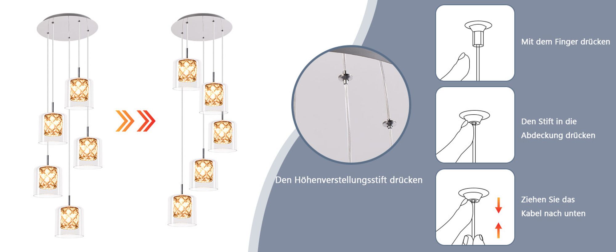 ZMH  Pendellampe Esstisch 5 Flammig Pendelleuchte Glas Kristall Hängeleuchte 150CM Höheverstellbar G9  Modern Esszimmerlampe für Treppenhaus Wohzimmer