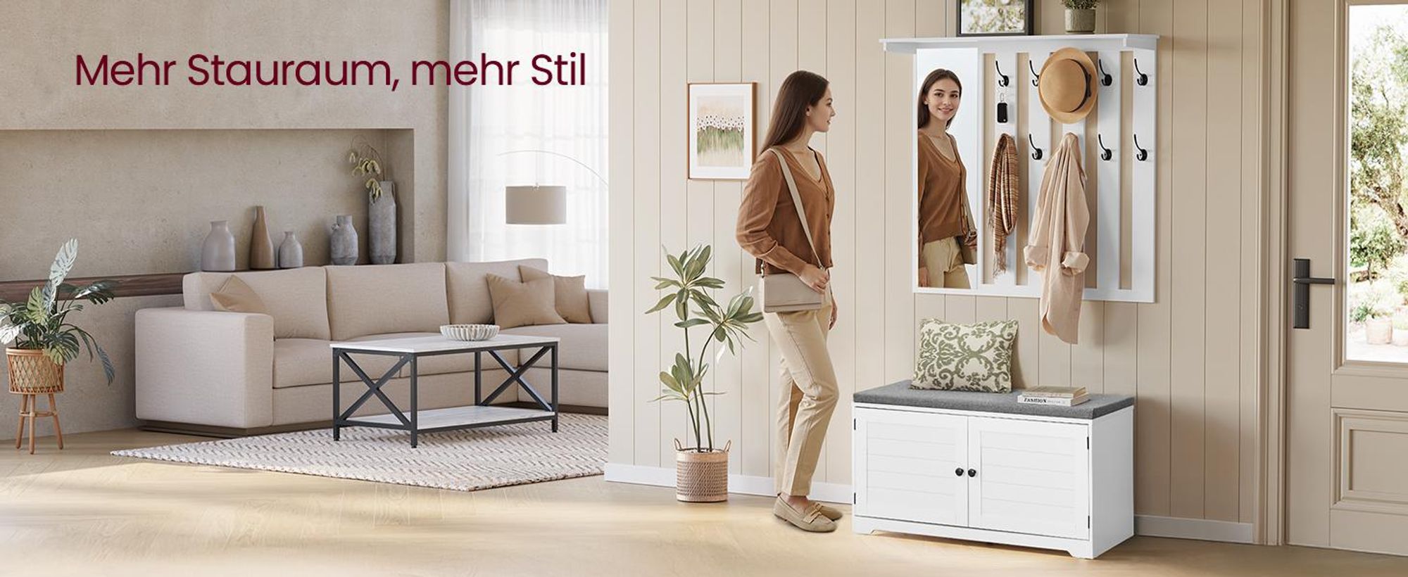 Schuhbank Wandgarderobe Set, Garderobe mit Spiegel, 10 Doppelhaken