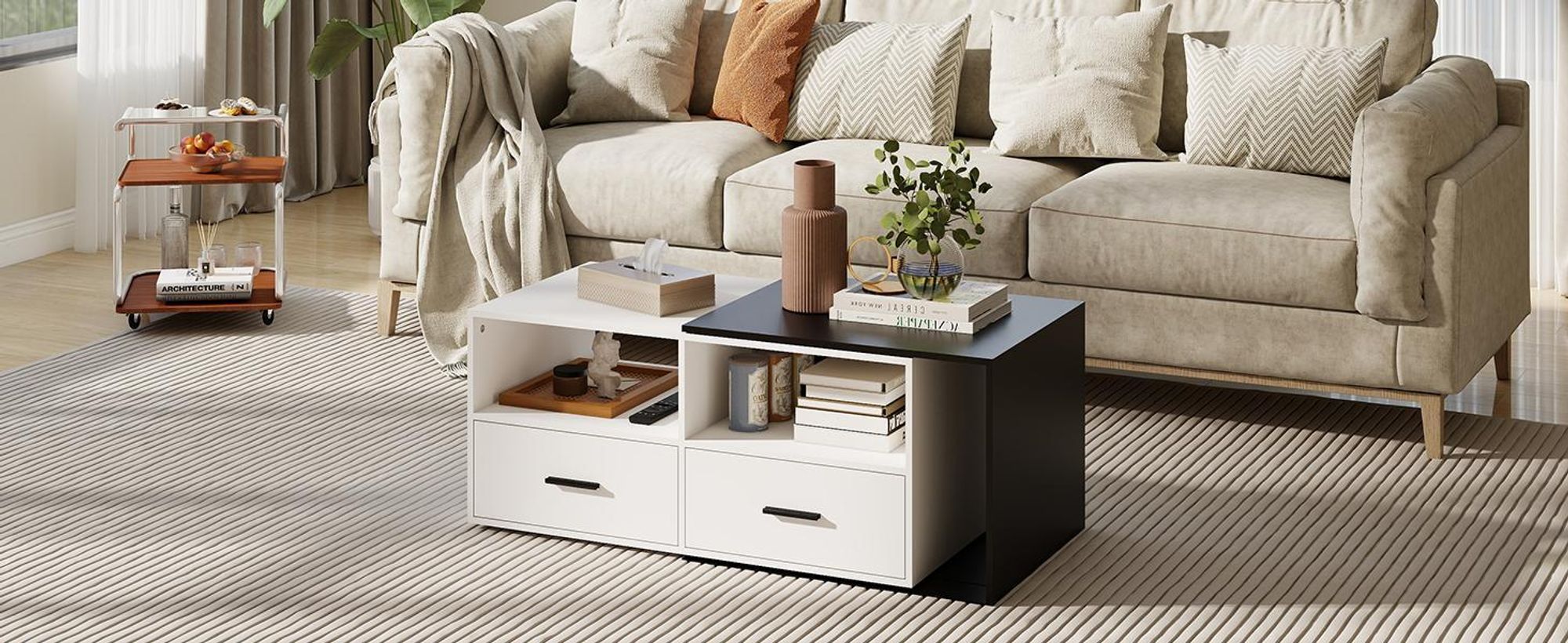 Puluomis Ausziehbarer Couchtisch mit Schublade, Kaffeetisch mit Farbblock Design und Rollen Schreibtisch Sofatisch für Wohnzimmer schwarz weiß