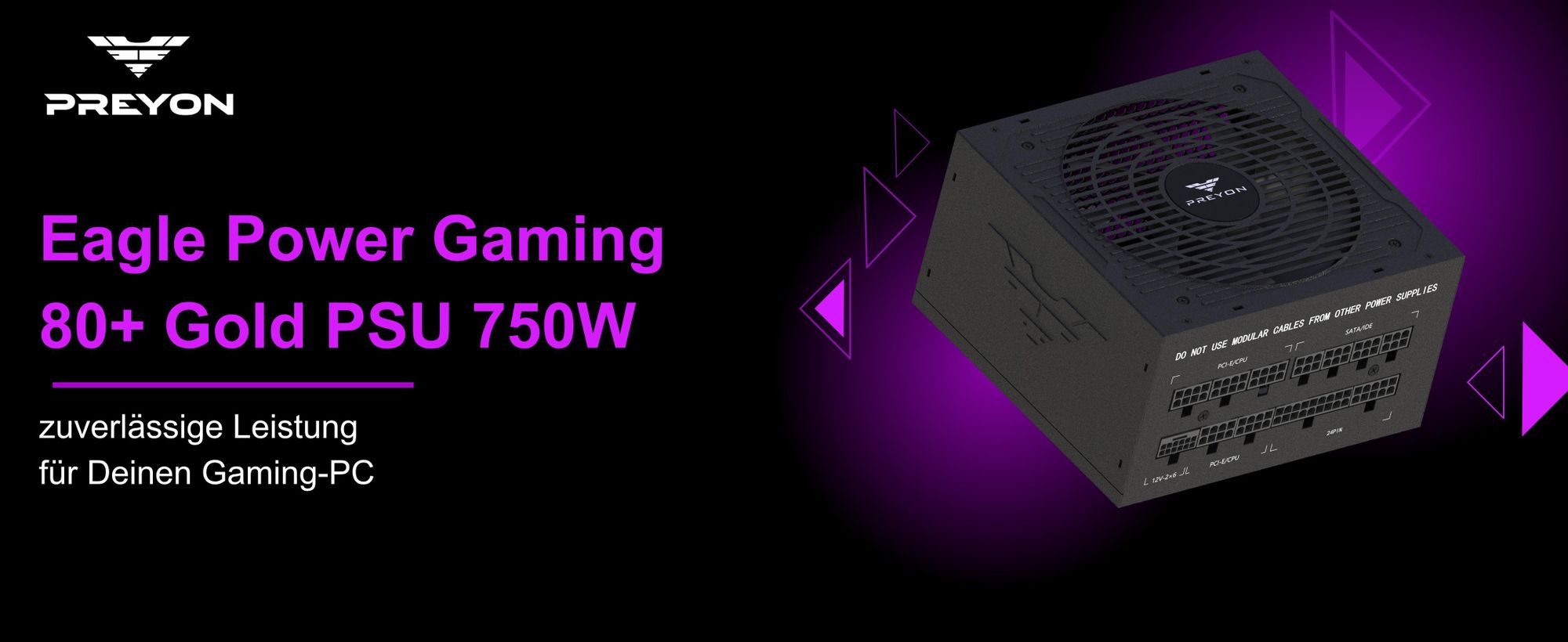 PREYON Eagle Power 750W PC Netzteil ATX – 80 Plus Gold, Vollmodulares Gaming PSU, Leiser 120mm Lüfter, Desktop Stromversorgung mit Kabelmanagement