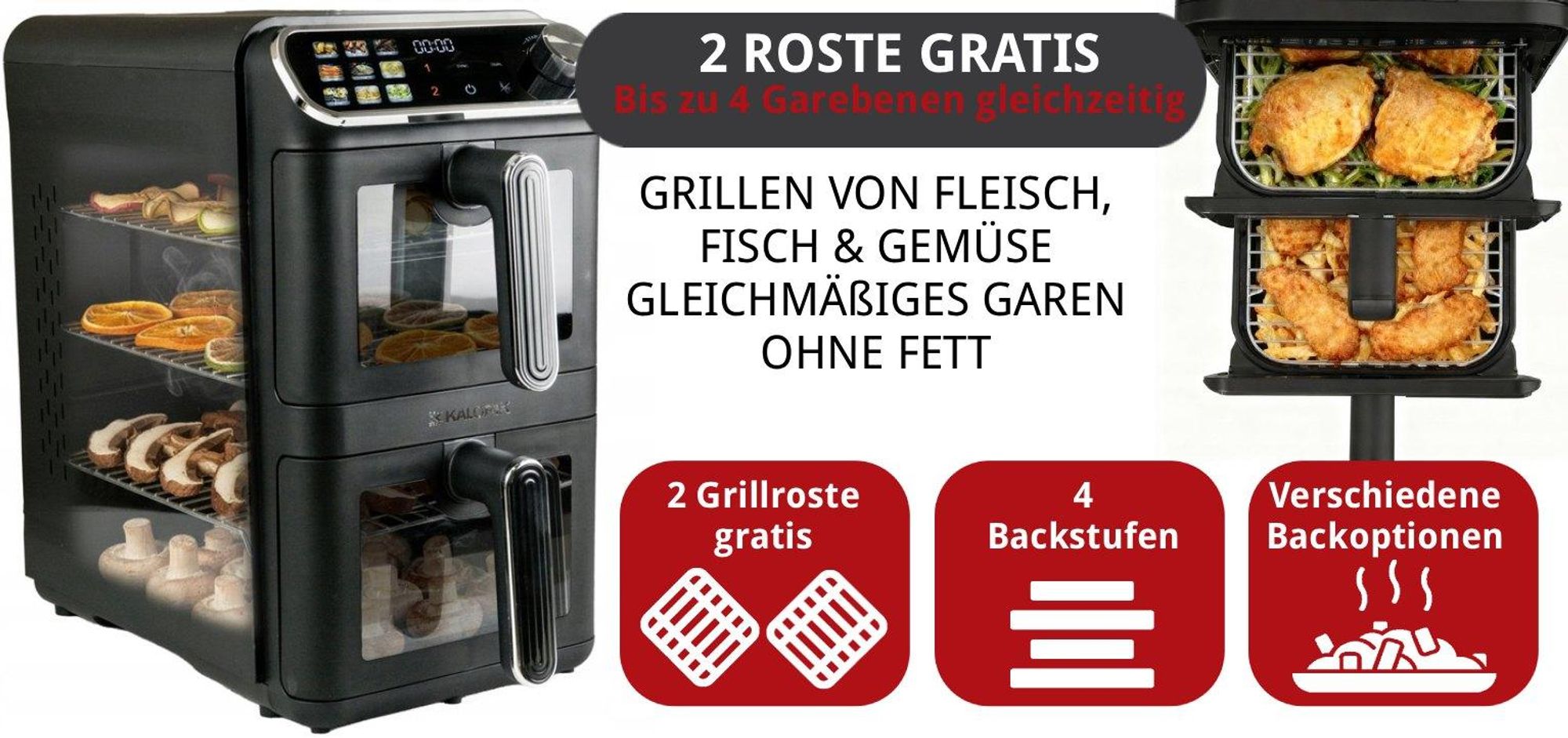 Kalorik Fettfreie Fritteuse Vertikale 2460W 11L XXL Heißluftfritteuse Turm + 2 Frittierroste, air fryer