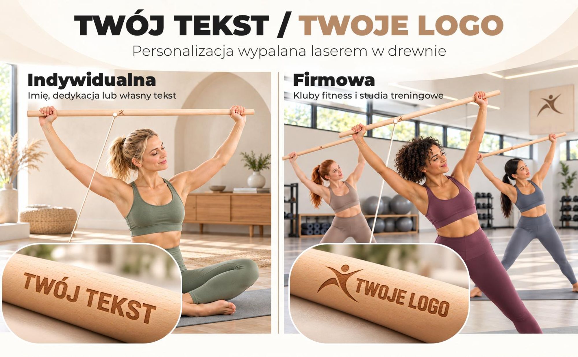 MOE UHANE® Drewniany kij gimnastyczny 100 cm do ćwiczeń, jogi, fitnessu, mobilności i równowagi, kij do rozciągania dla dzieci i dorosłych