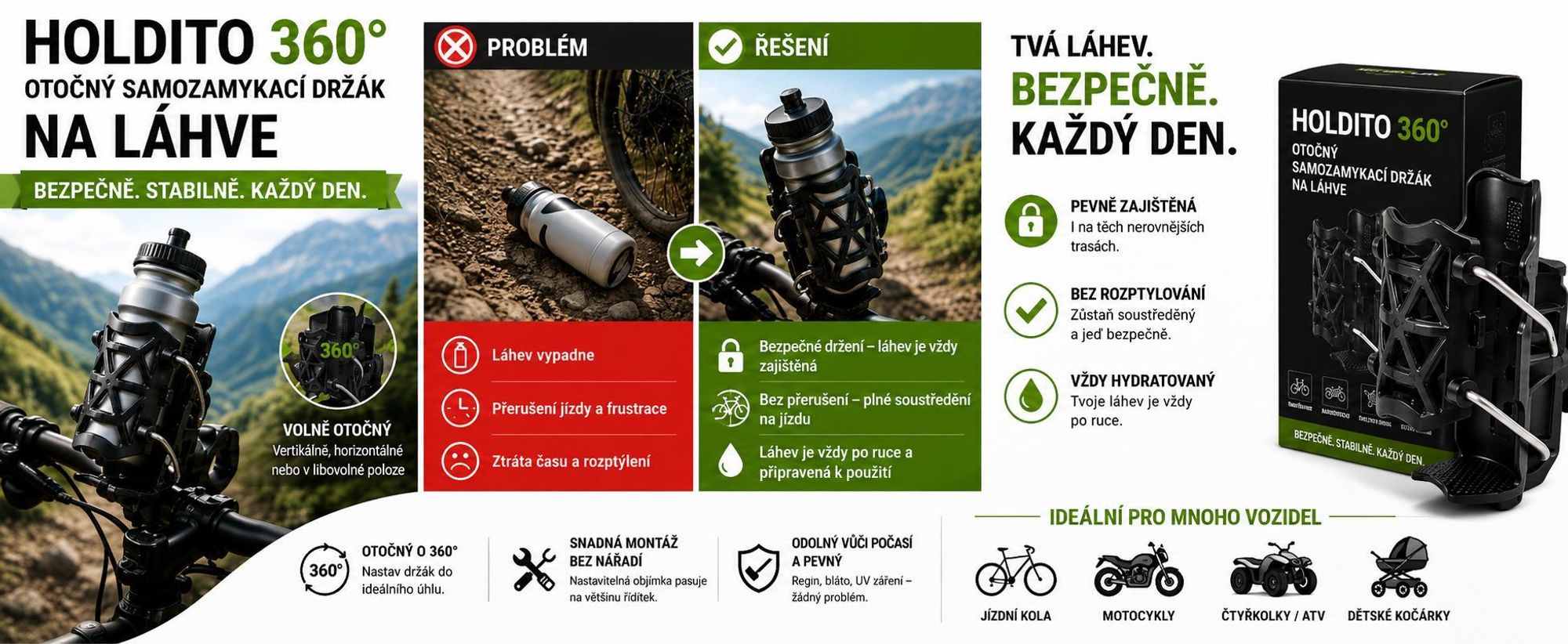 360° otočný držák na láhev na kolo s upínací svorkou na řídítka, držák na láhev na motorku – HOLDITO