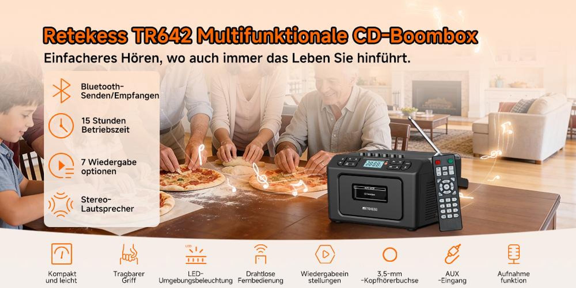 Retekess TR642 CD Player tragbar, Bluetooth, AM FM Radio, 5000mAh Boombox mit wiederaufladbare Akk, AUX/USB/TF, für Familien Camping