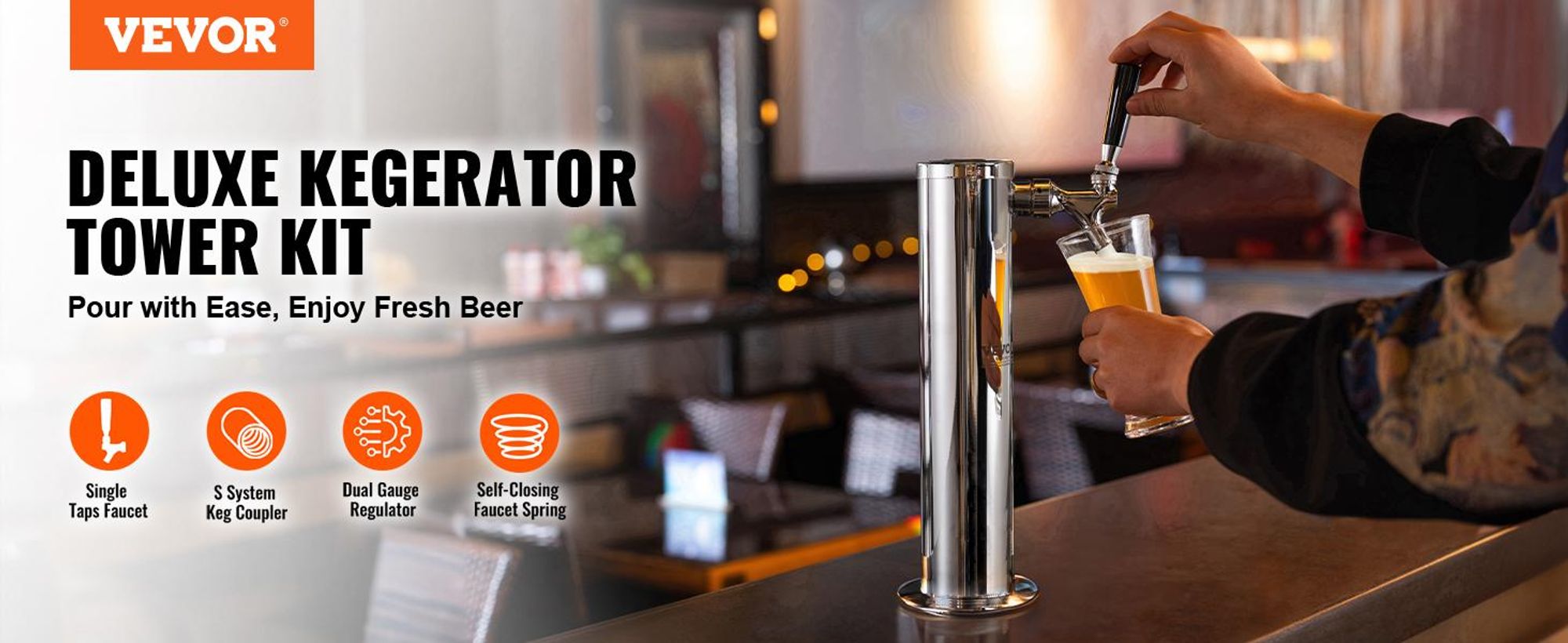 VEVOR Kegerator-Bierturm-Kit, Einzelzapfhahn-Bierumrüstsatz, Edelstahl-Fass-Bierturm-Zapfanlage mit Doppelmessgerät W21.8-Regler und S-System-Fasskupplung für Partys zu Hause